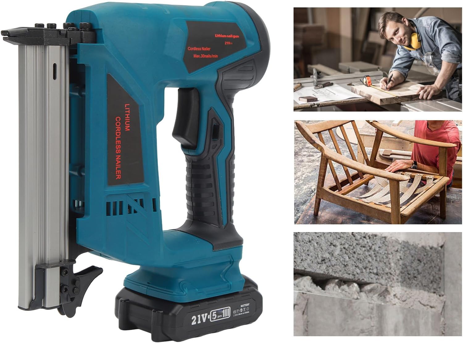 Cordless Brad Nailer Kit Lithium Electric Nail Woodworking Tools F30C for Furniture Frames (US Plug 100‑220V)