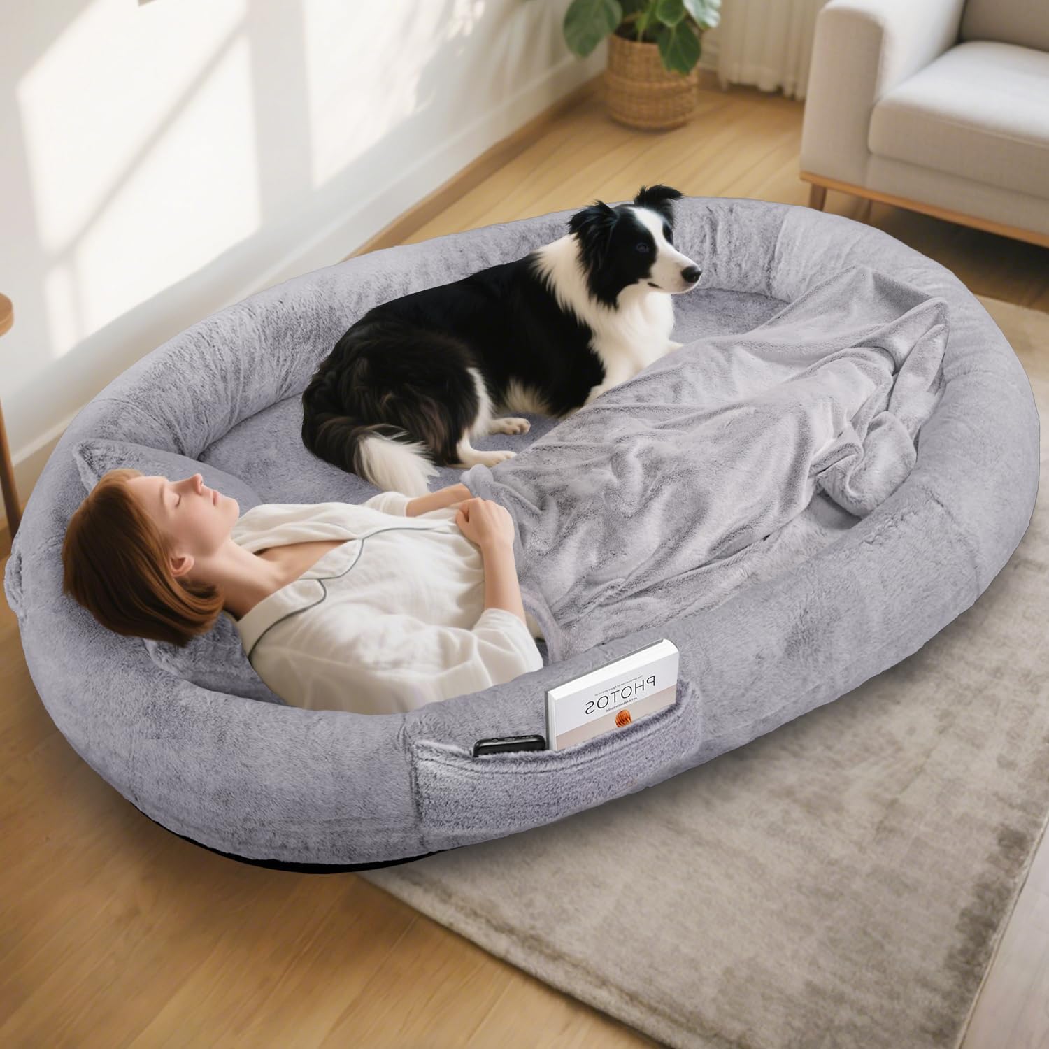 IVY&LANE Human Dog Bed for Adult,Human Sized Dog Bed for People Giant Bean Bag 71"x45"x14",Washable Faux Fur Orthopedic Nap Beds with Blanket and Pillow,Grey
