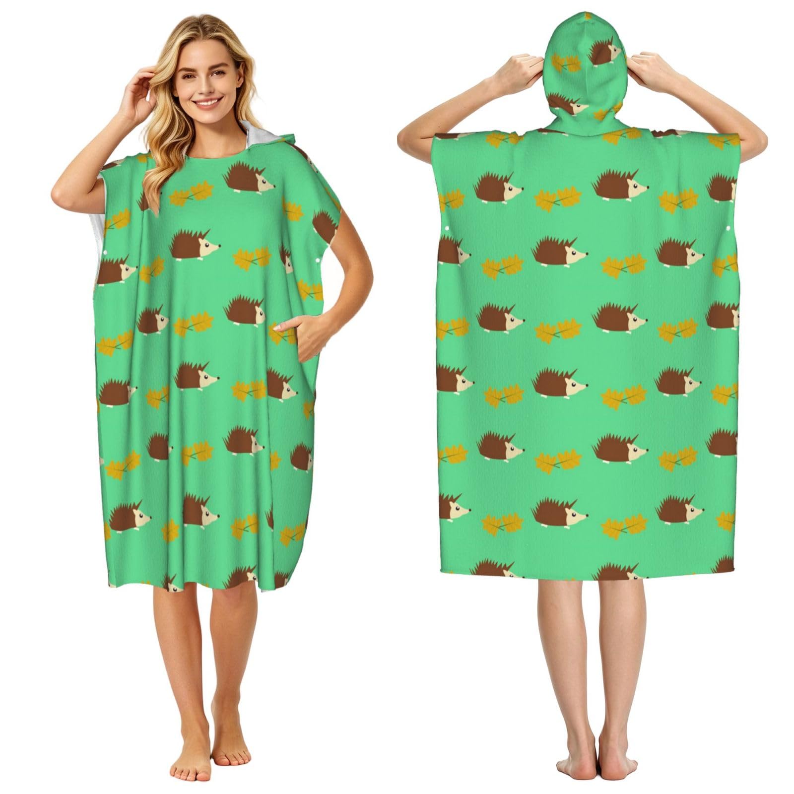 Poadnly Hedgehogs & Leaves, Adult Hooded Beach Towel 90 x 110 cm,Changing Bath Robe, Surf Poncho Towel For Women Men