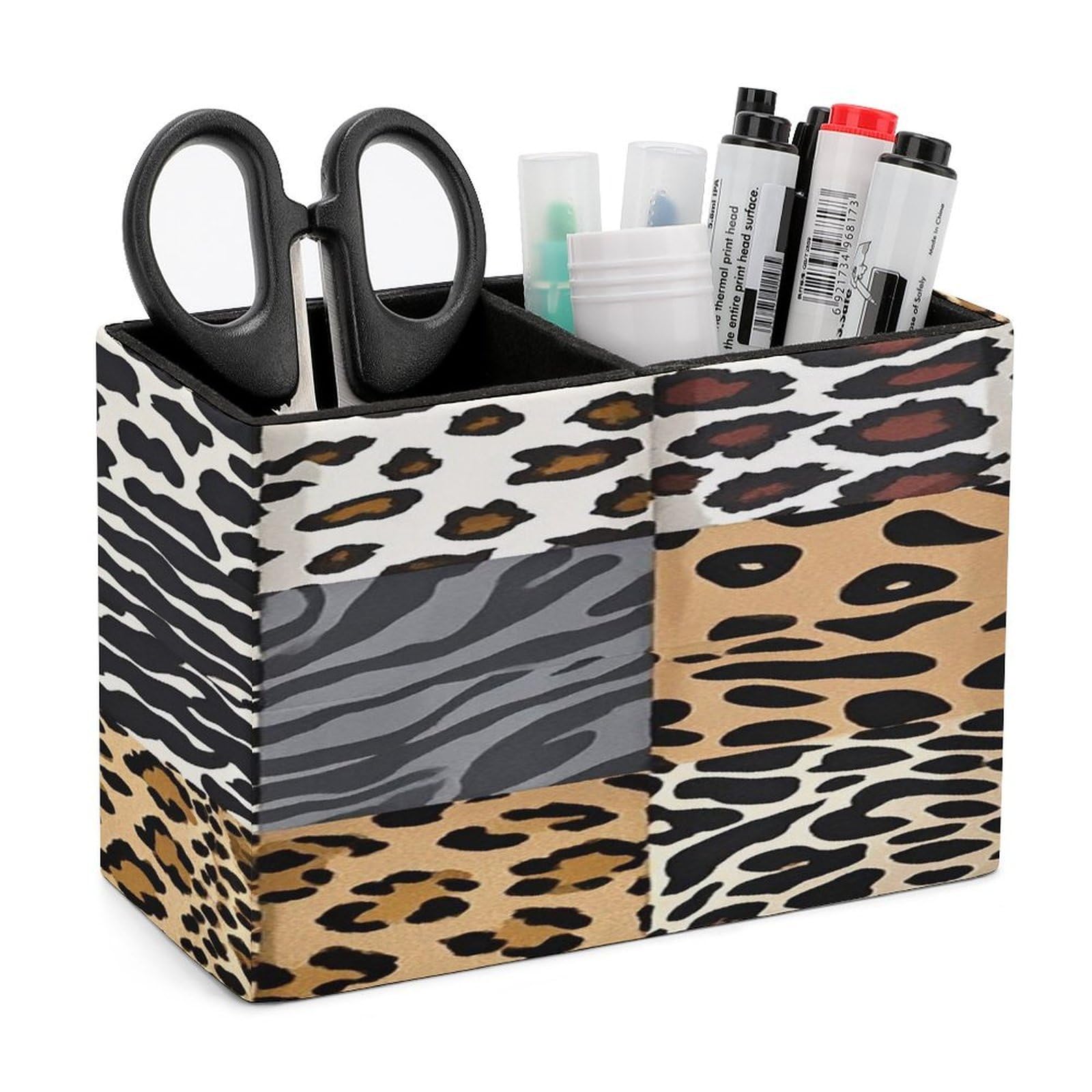 LZQPOEAS Leopard with Brownish Leather Pen Holder Square Pencil Holder Multi-Functional Desk Organizer Modern Pen Cup Pencil Cup Minimalist Desktop Stationery Organizer for Desk Office Home
