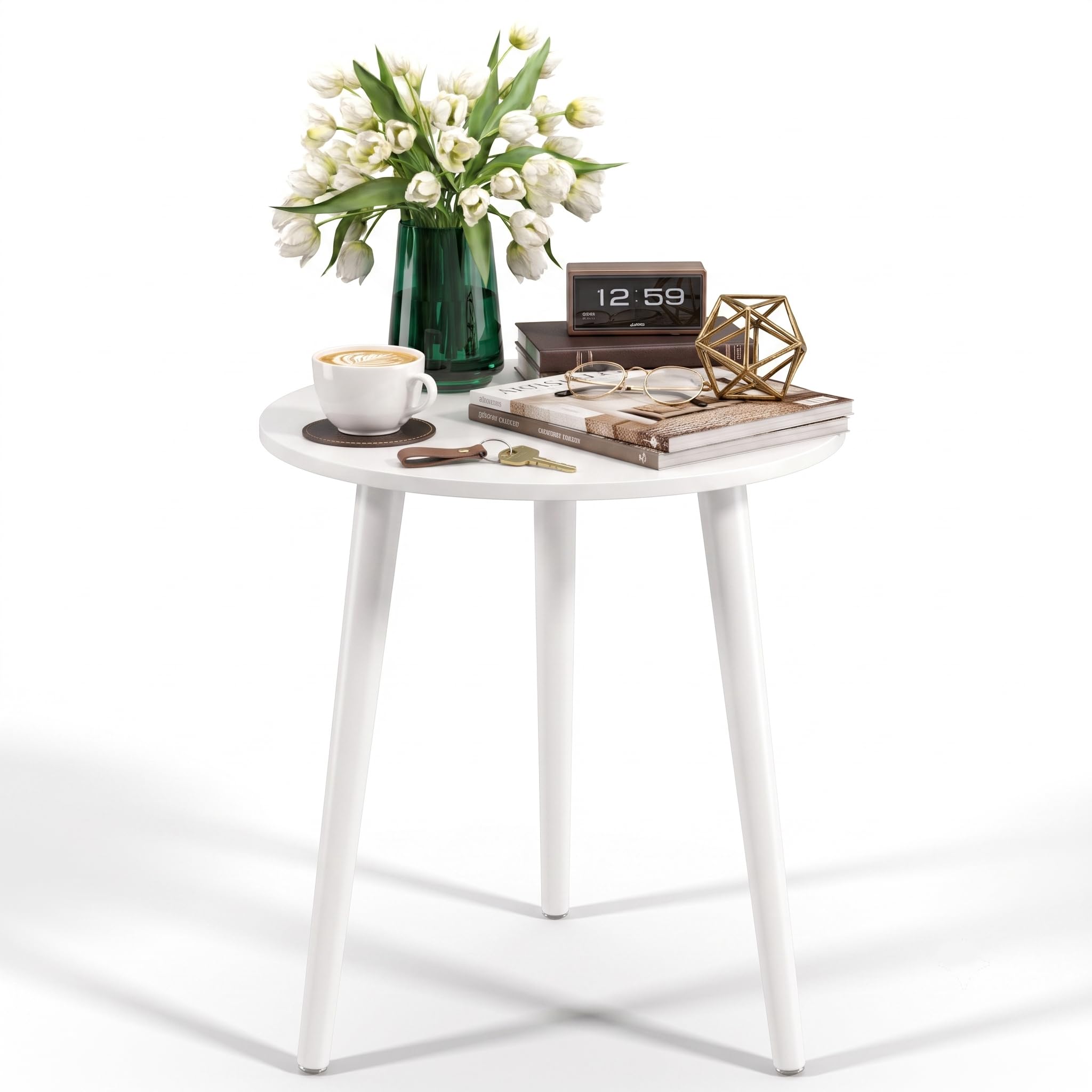 APICIZON Round Side Table, White Wooden Bedside Table with Reinforced Metal Leg Connectors, Small End Table for Living Room, Bedroom and Small Spaces, Tool-Free Assembly, Ø42 x H51 cm