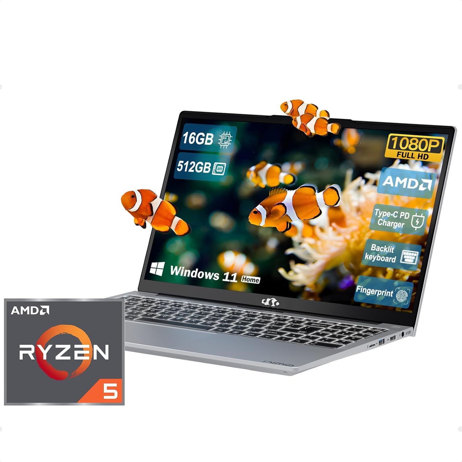 NIMO 15.6 inch Laptop Computer, AMD Ryzen 5 3500U, Win 11, Full HD (1920 * 1080 Pixel), Backlit Keyboard, Fingerprint Reader, 65W PD Fast Charger, Lightweight Laptop for Students/Office Work/Game
