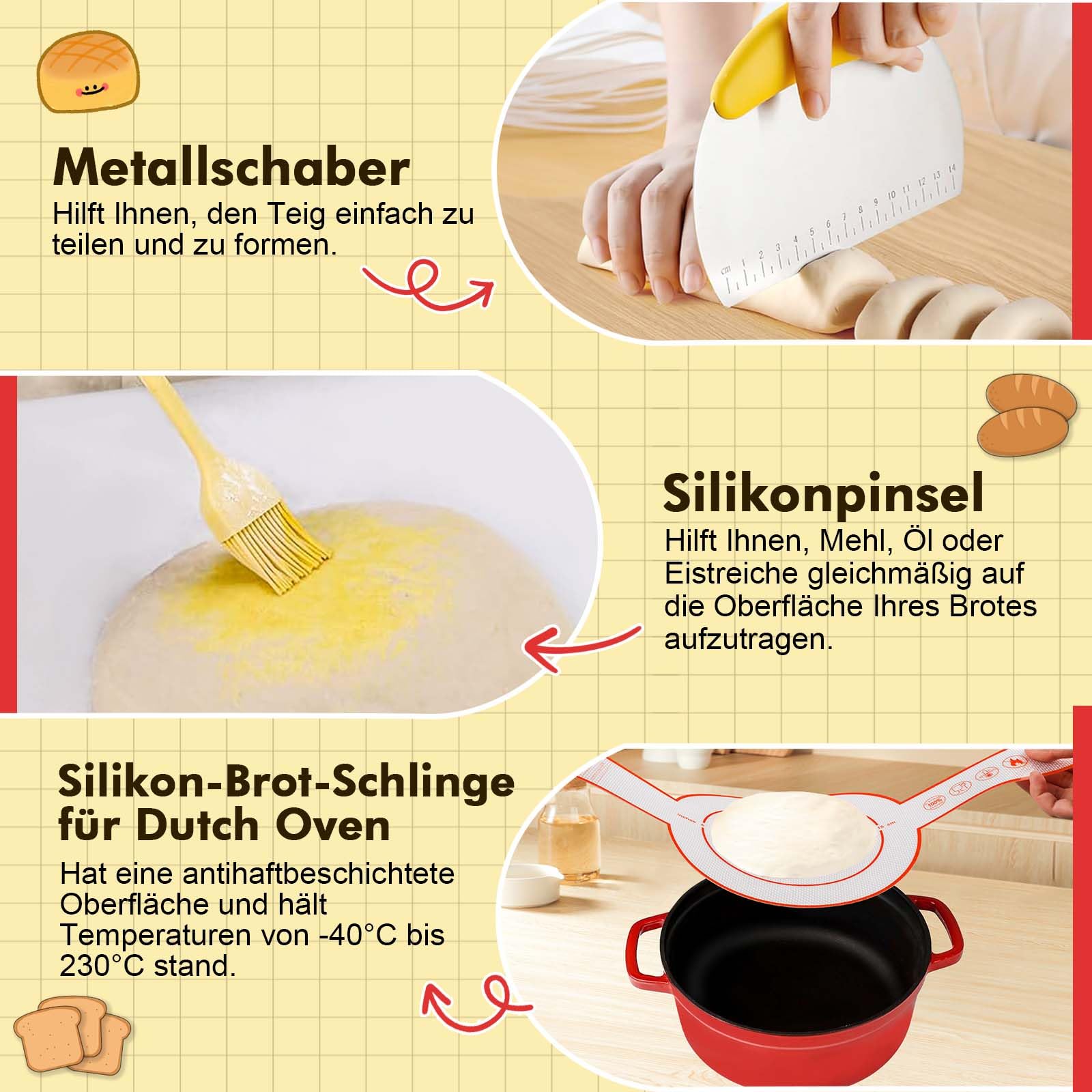 BakeEase Sauerteig-Set für Anfänger, 1200ml Sauerteigglas, 2 Gärkörbchen aus Silikon, Thermometer, Fütterungstracker, Sauerteigrezept, Dutch Oven Sling, Schaber, 18-teiliges Sauerteig-Starter-Set