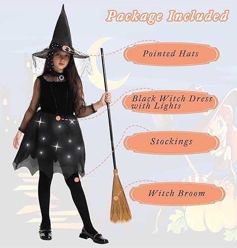 Miniatura 2 de Disfraz de bruja para niñas, disfraz de Halloween, princesa oscura, cosplay, disfraz de bruja gótica negra, sombrero, escoba y medias