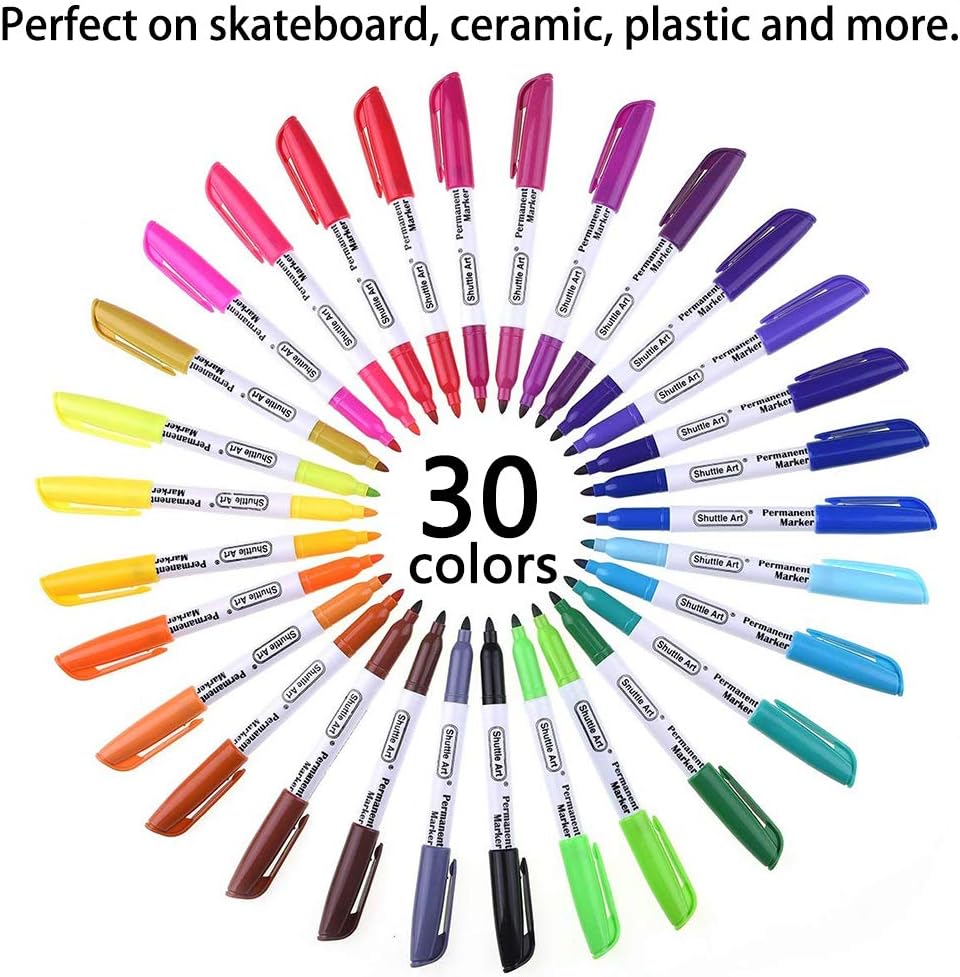 30 Colors Permanent Markers, Fine Point, Assorted Colors, Works on Plastic,Wood,Stone,Metal and Glass for Kids Adult Coloring Doodling Marking by Shuttle Art : Office Products