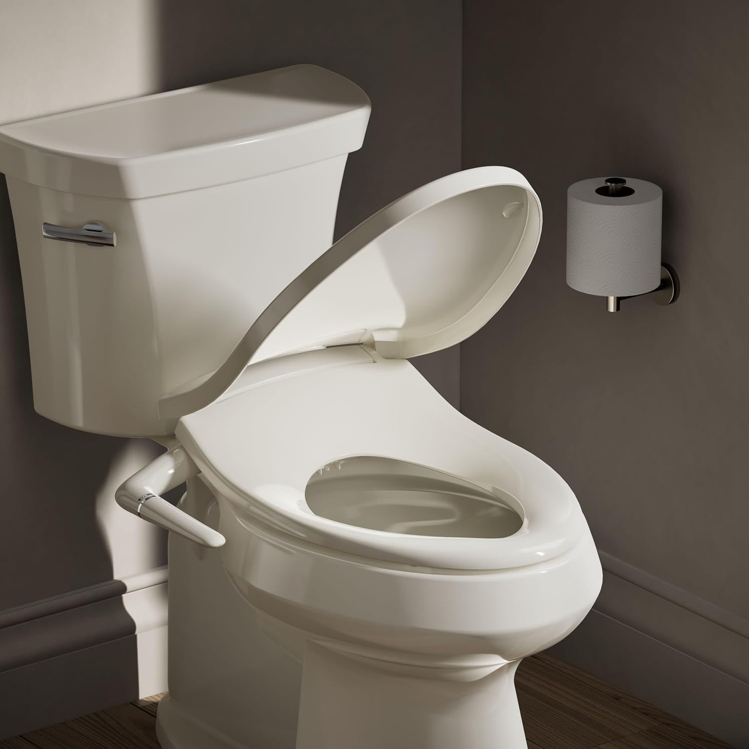 kohler purewash m250 manual elongated bidet toilet seat, biscuit, quiet-close lid prevents slamming, cool water, easy installation with quick-release hinges, adjustable spray position & pressure biscuit elongated