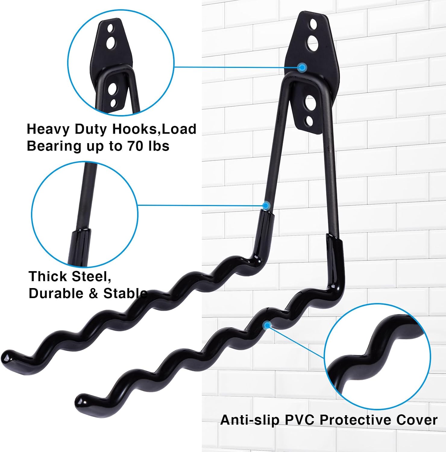 Tennis Racket Storage Hanger,Tennis Racket Holder Rack Wall Hooks for Garage,Heavy Duty Hanger Metal Badminton Racket Holder Hooks for Cables, Ropes and Hoses,Extension Cord Holder,2 Packs(Black)