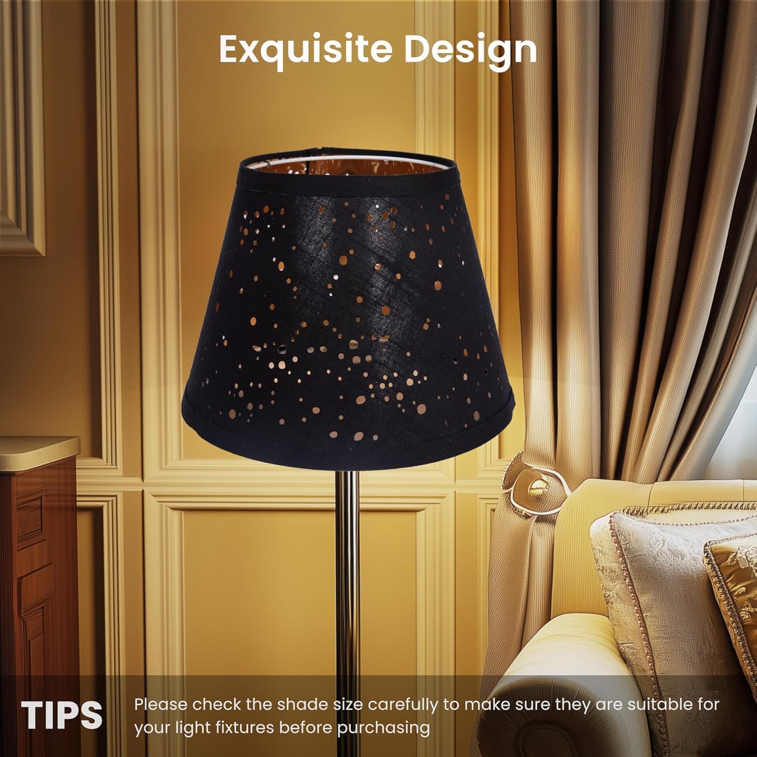 Fabric Lamp Shades Set of 2 for Table Lampshade Replacement (Spider Fitter), Bell Lampshades 7" Top x 11" Bottom x 8" High, Natural Linen Hand Crafted, Harp Holder Included (Black/Gold)