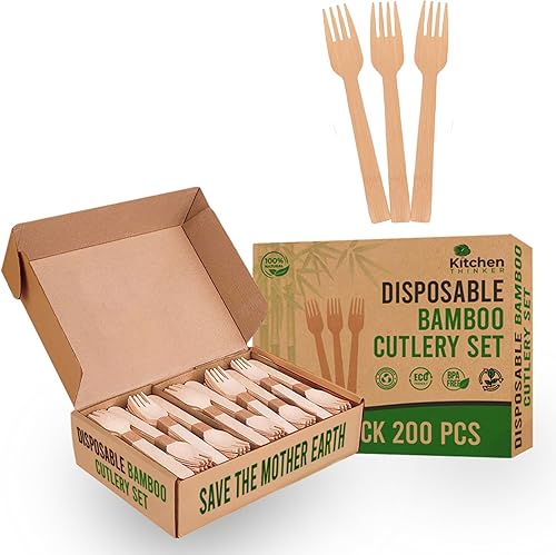 Kitchen Thinker - Juego de cubiertos desechables de bambú, utensilios biodegradables y ecológicos para fiestas y exteriores (paquete de 200 unidades)