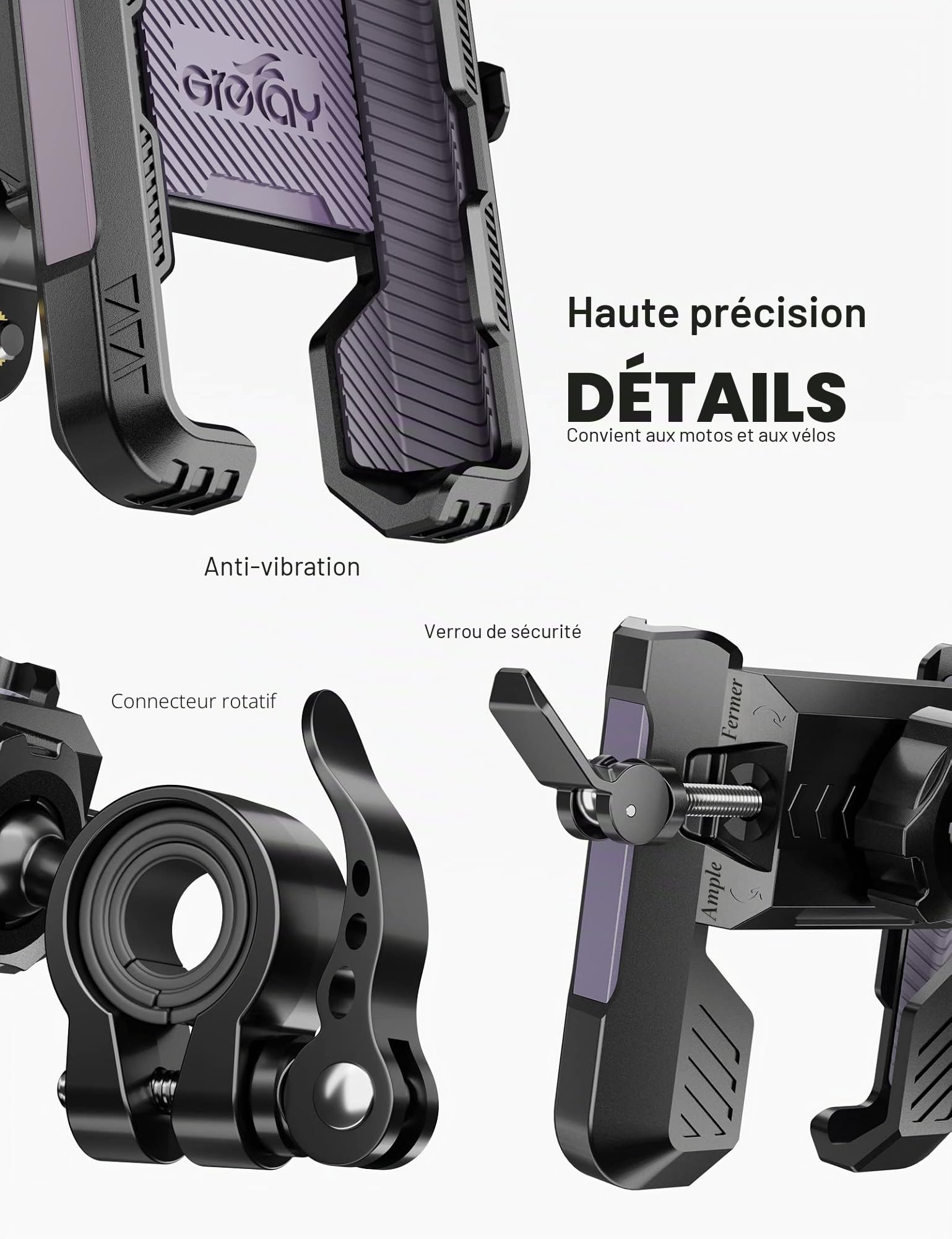 Grefay Support Téléphone Moto Support de Guidon pour Téléphone de Moto Rétroviseur【2 Méthodes de Connexion + Démontage Rapide 1S】 avec Rotation à 360 pour Smartphone de 4,0 à 7,0 Pouces