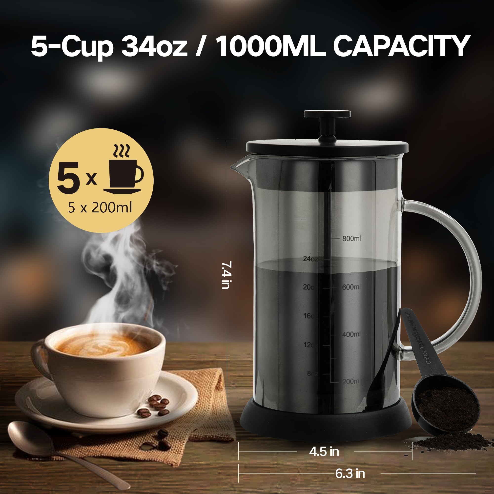 YMMIND Cafetera de prensa francesa de 34 onzas, cafetera espresso de 5 tazas, cafetera de borosilicato grueso resistente al calor gris con 4 pantallas de filtro de acero inoxidable