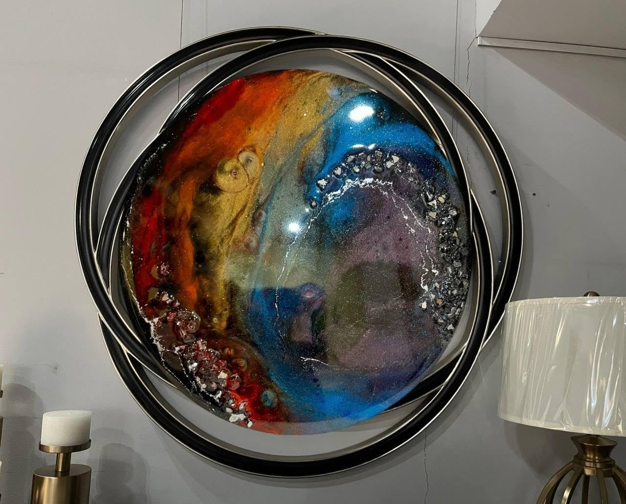 Rainbow resin wall artwork, round wall decor, original art, contemporary wall circle, geode art, bright fluid painting by Ukrainian artist (D 8 in)