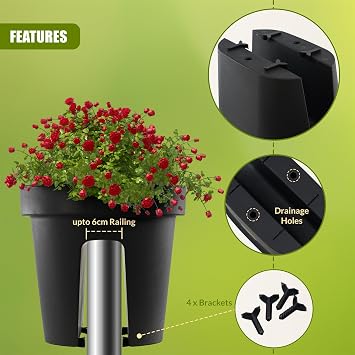 GEEZY Flower Pot, Anthracite Balcony Rail Planter, Durable Garden Fence Pot with Dual Compartments, UV Resistant, Eco-Friendly Hanging Plant Pots for Outdoor Decor, 26x40x24.5 cm