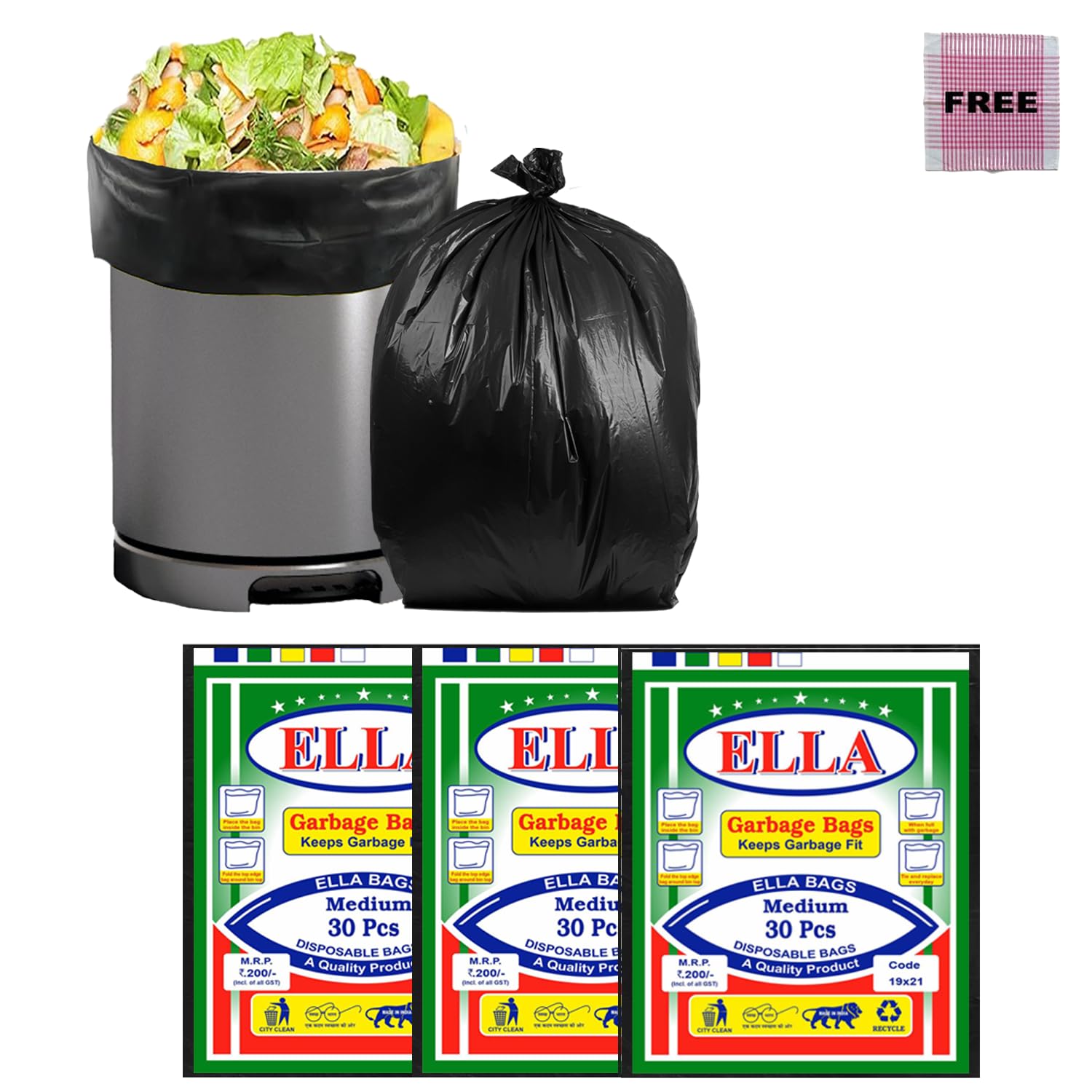 Ella Garbage Bags I Medium I 90 count I 30 bags x 3 packets I 19 x 21 Inches I Black Color Dustbin Trash Bags I Strong Durable and Ideal for Home Kitchen and Office Use I For Dry and Wet Waste-image-6