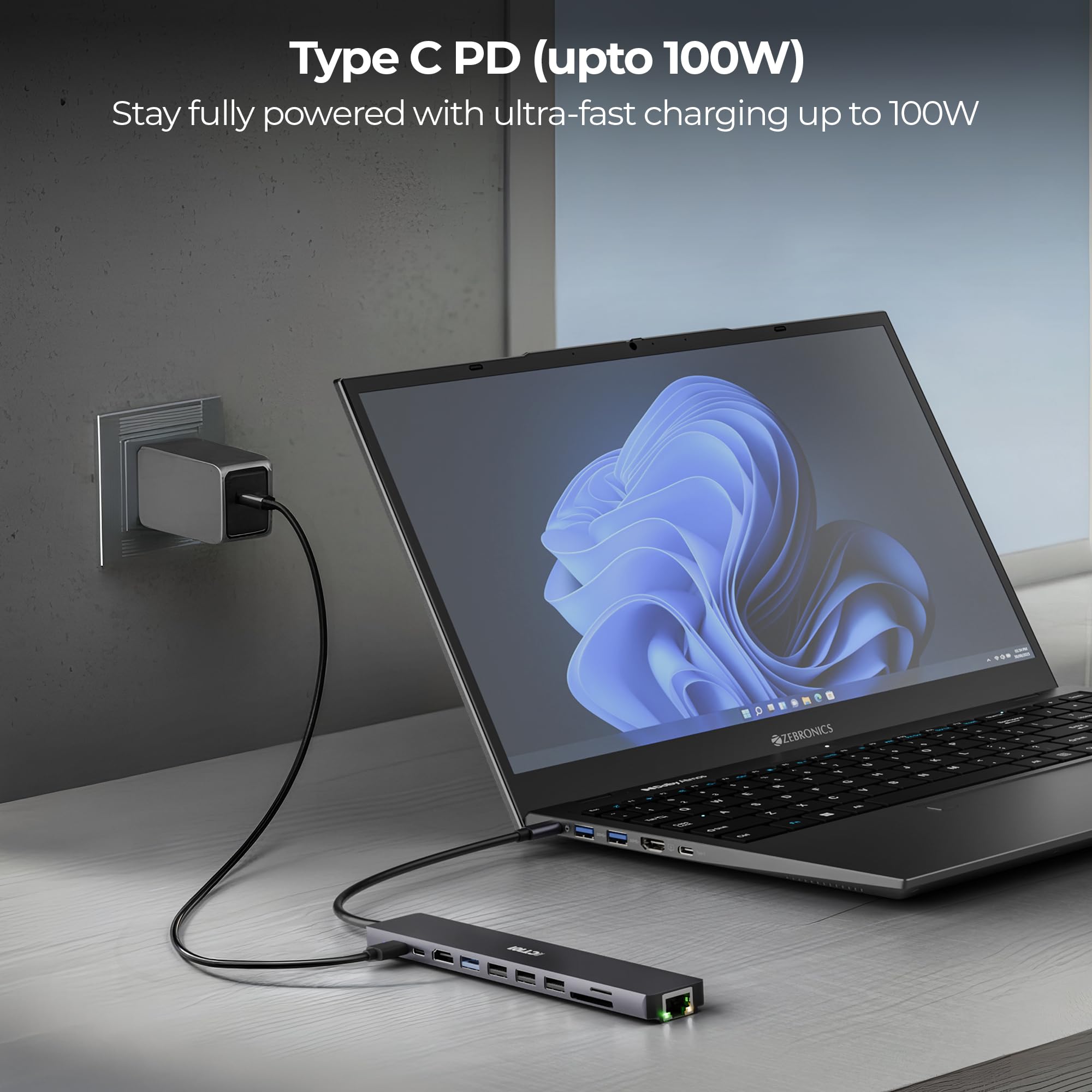 Zebronics 10-in-1 Type-C Multiport Hub, 100W PD Support, 5Gbps Data Transfer, HDMI 1.4 (4K@30Hz) with On/Off Button, USB 3.0, RJ45, SD, mSD, Metal Body, LED Indicator (CT101 Plus) — Amazon image 5