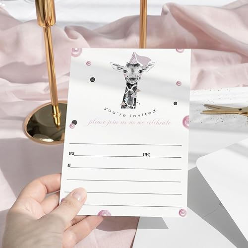 Miniatura 2 de Invitación de fiesta de jirafa rosa para niñas (paquete de 25) invitaciones de cumpleaños en blanco con sobres para niños, baby shower, espolvorear