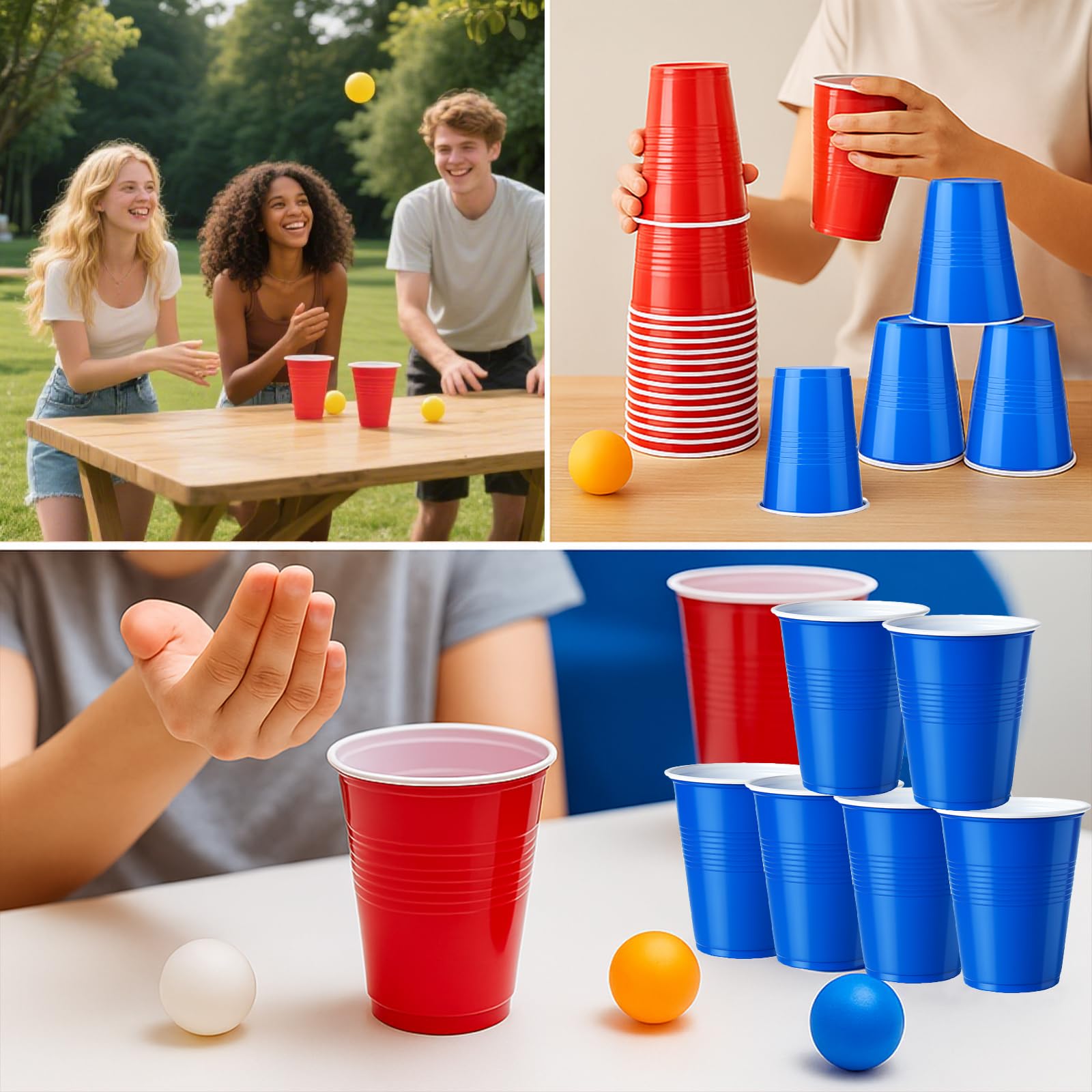 100 Pezzi Bicchiere Plastica Rossi Blu e 10 Palline Ping Pong, 500ml Bicchieri Plastica Riutilizzabili Colorati per Feste, Compleanni, Matrimoni, Campeggio