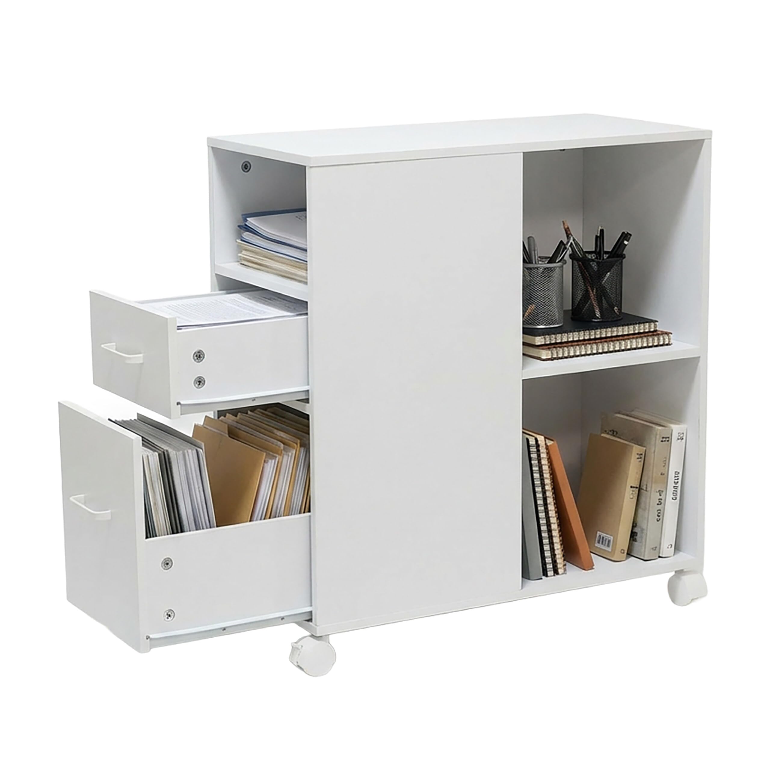 Relaxdays Roll Container with 2 Drawers and 3 Compartments, MDF Office Under-Desk Cabinet, White, 65x30x60 cm