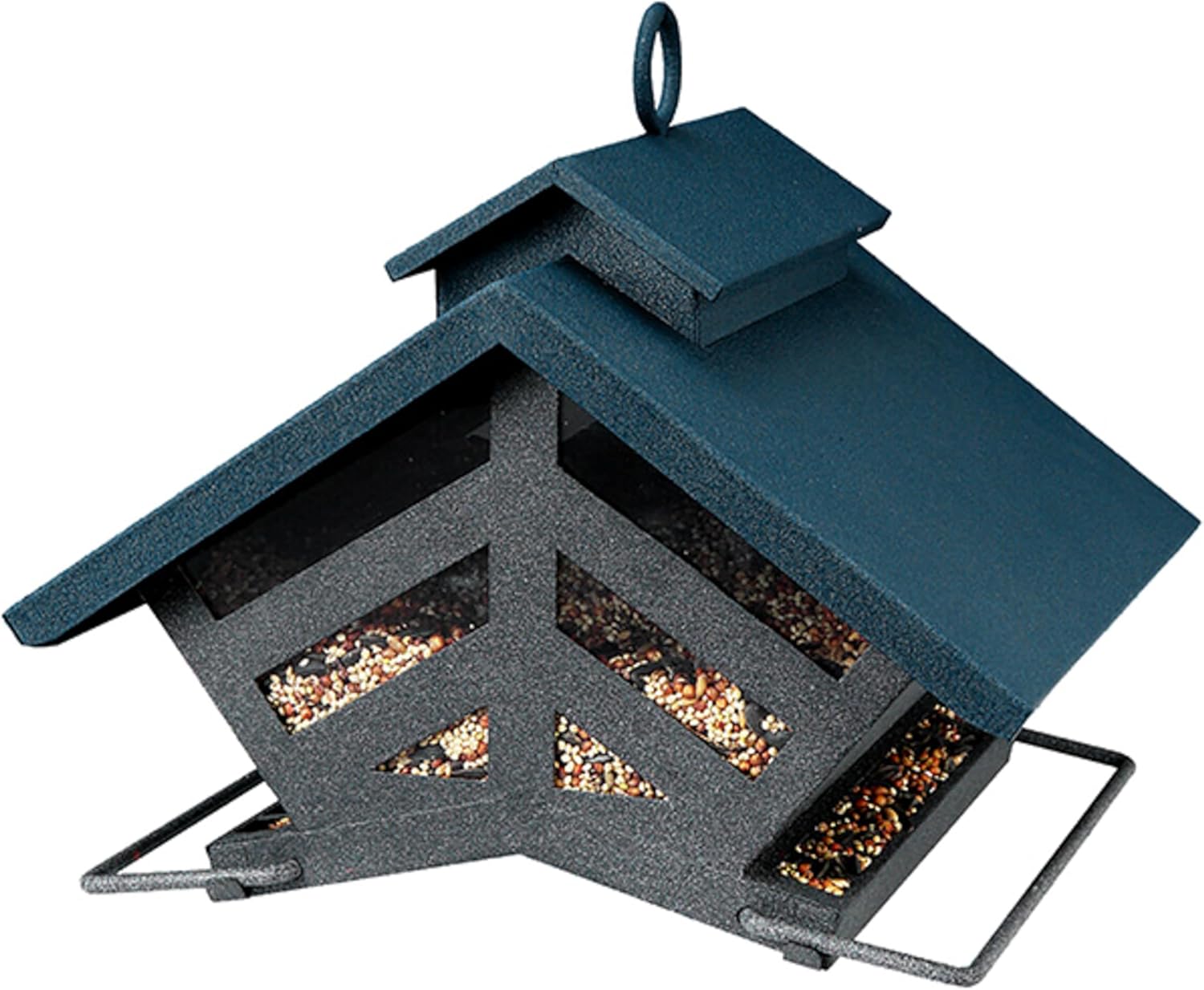 Chalet Deluxe Metal Bird Feeder with Clear Weather Baffle, 3.5 Quart Capacity Seed Feeder with Blue Roof and Pole or Hanging Mount, Outdoor Bird Feeding Station