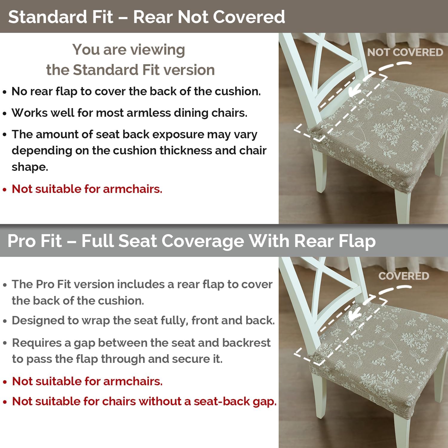 Jacquard Dining Chair Seat Covers (Light Brown, Set of 2), Elastic Cotton-Blend Slipcovers with Yarn-Dyed Floral Pattern, Durable Washable Seat Protectors for Dining Room or Kitchen Use