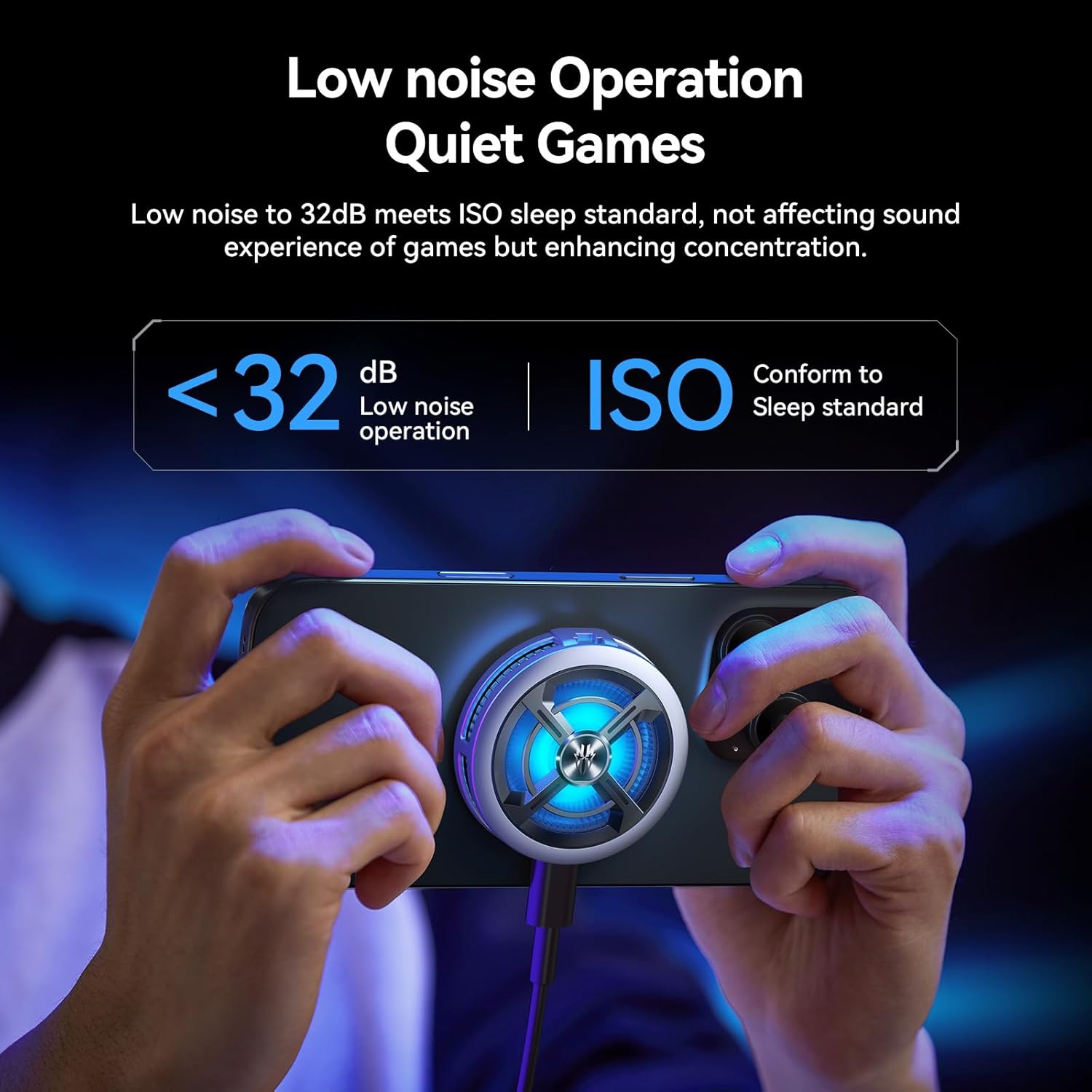 A person holding a smartphone with the RedMagic 6 Air cooler attached, illustrating low noise operation below 32dB, conforming to ISO sleep standard.