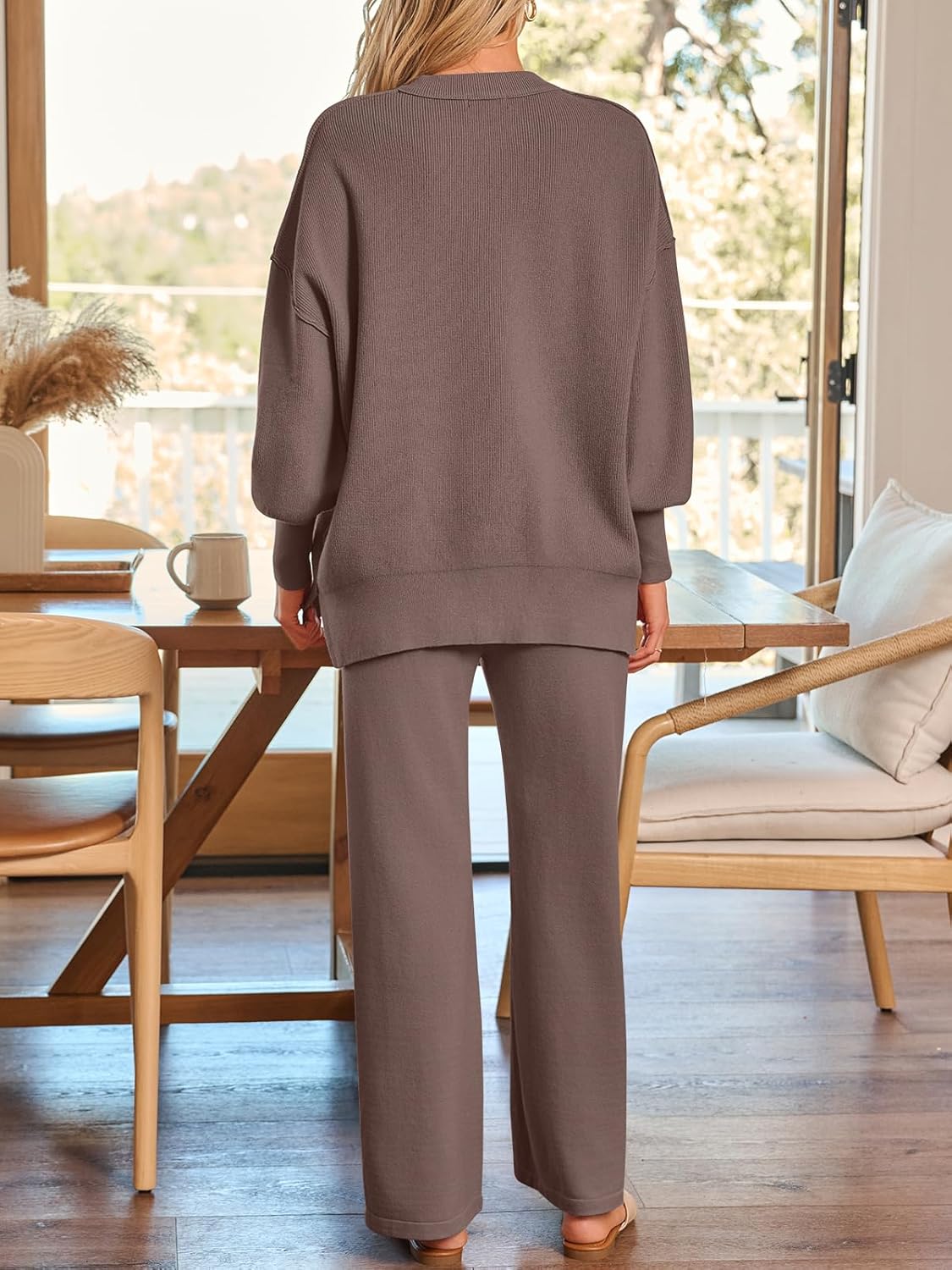 LILLUSORY Women 2 Piece Outfits Sweatsuit Oversized Knit Pullover Sweater Tops Wide Leg Pants Lounge Set - Image 4