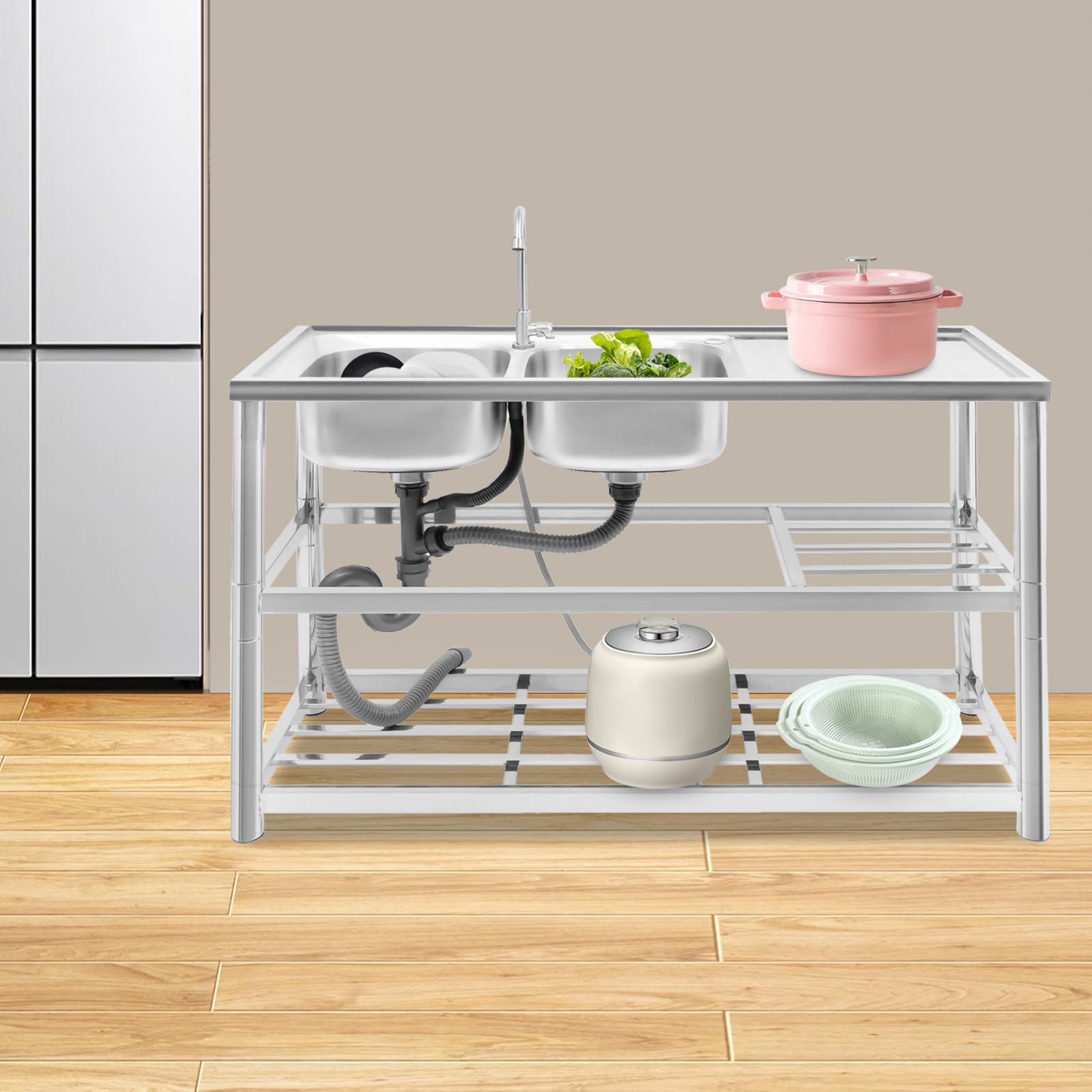 Lavello da cucina indipendente in acciaio inox, 2 vasche a 3 livelli, robusto lavello da cucina, ristorante, campeggio, pratico, nero