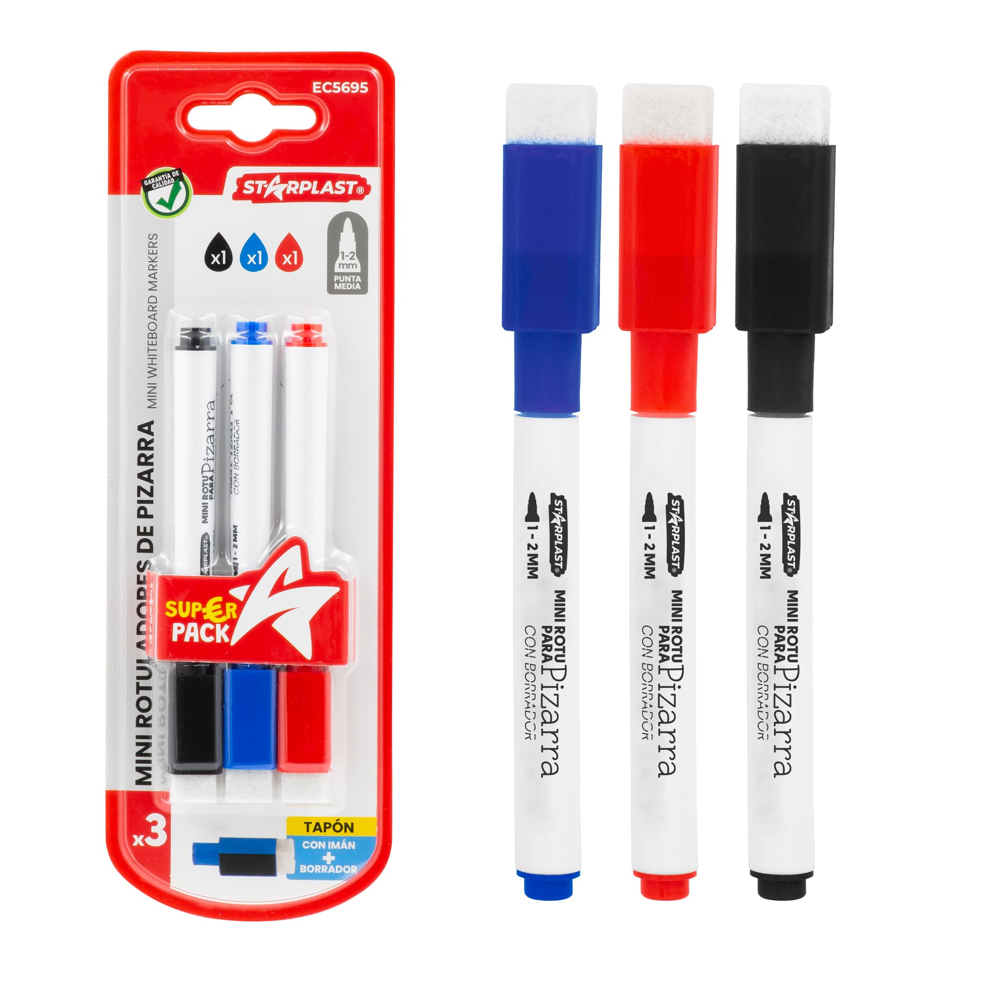 Starplast PACK 3 ROTULADORES PARA PIZARRA BLANCA Rotulador punta redonda 2.0mm con borrador e imán 1 Negro + 1 Rojo + 1 Azul