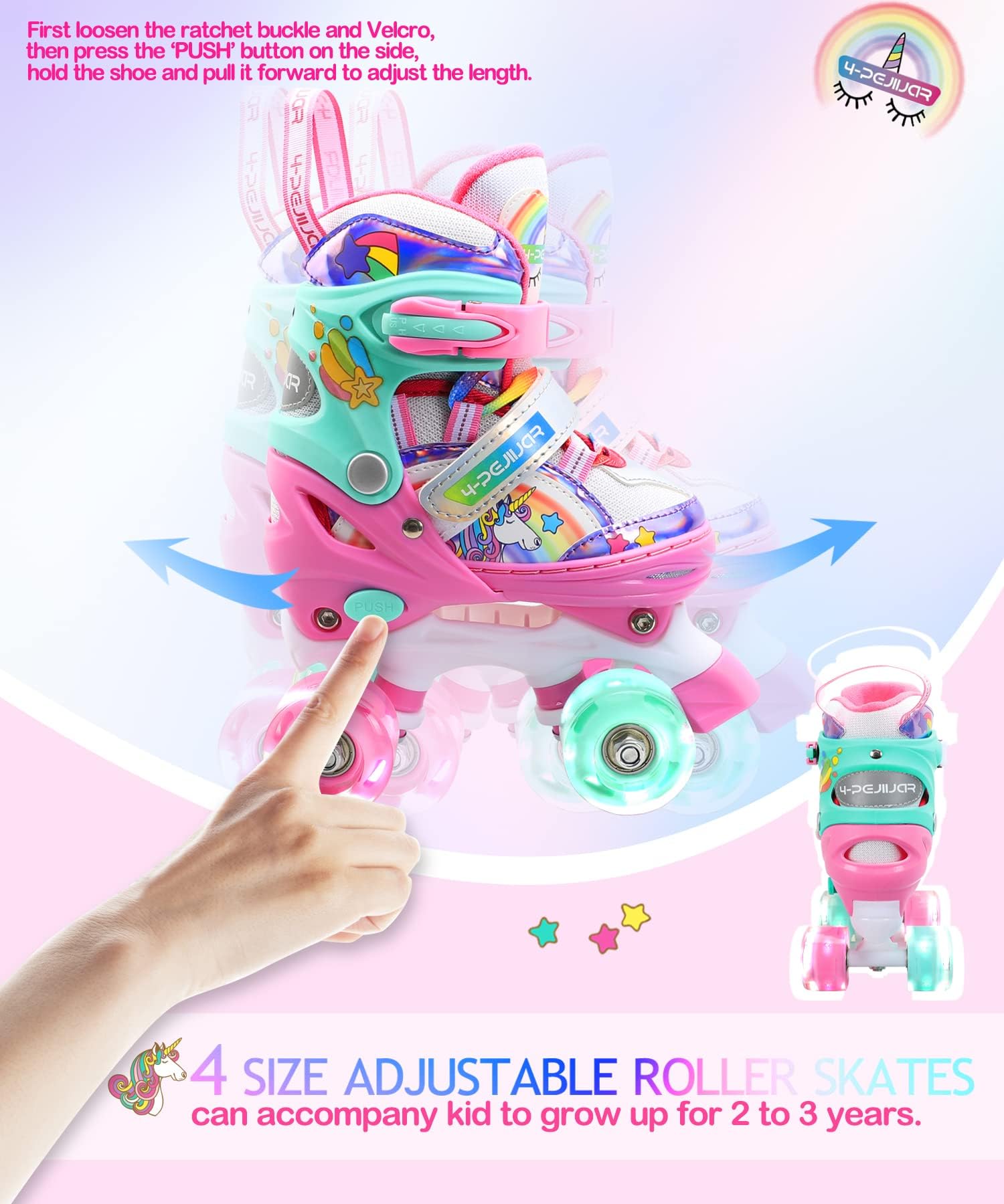 Pattini a Rotelle Bambina Unicorno Pattini Regolabili Pattini a Rotelle in Linea con 4 LED Ruote per Bambini Ragazzi Principianti