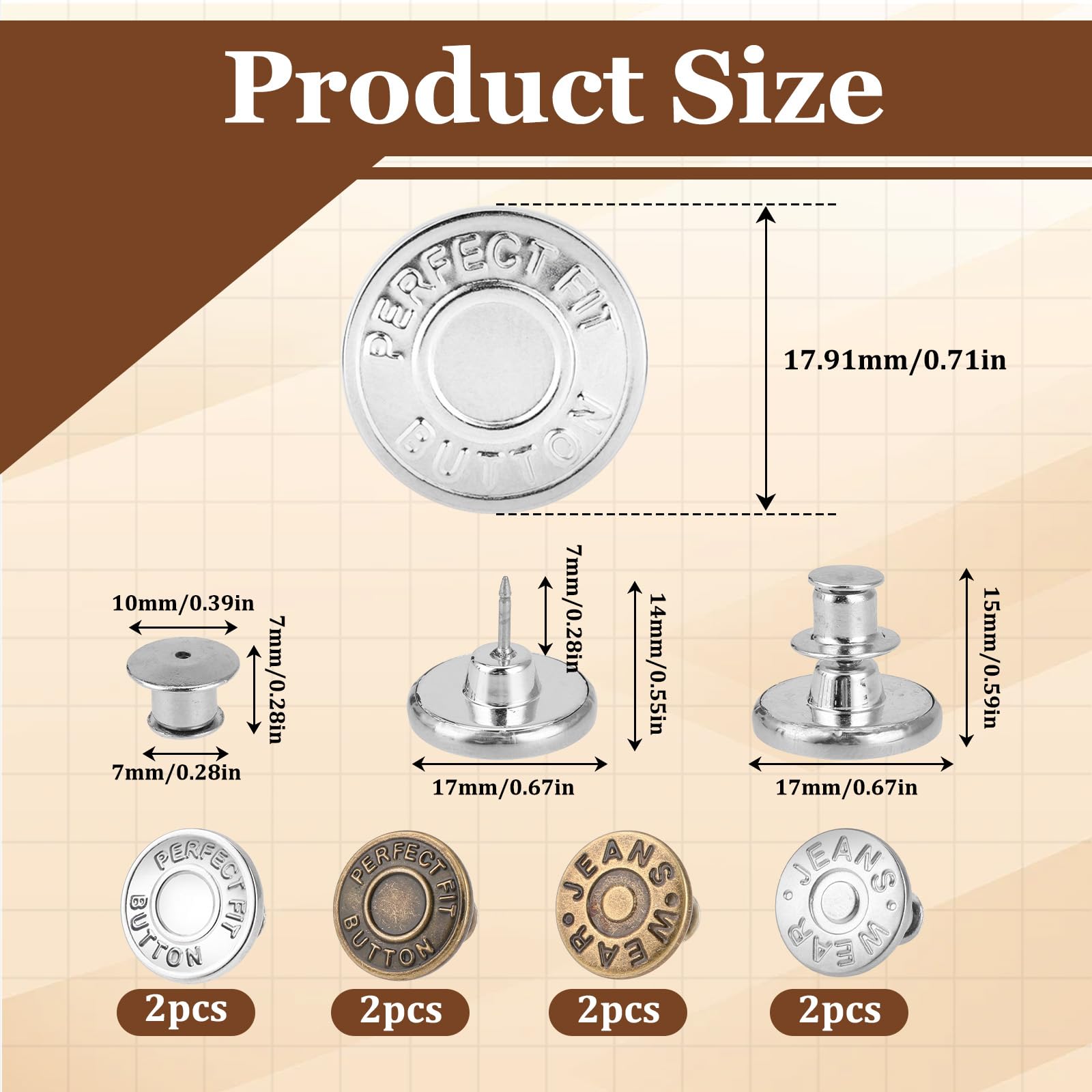 8 Sets Jean Button Pins Pants Button Tightener for Waist No Sew Instant Replacem