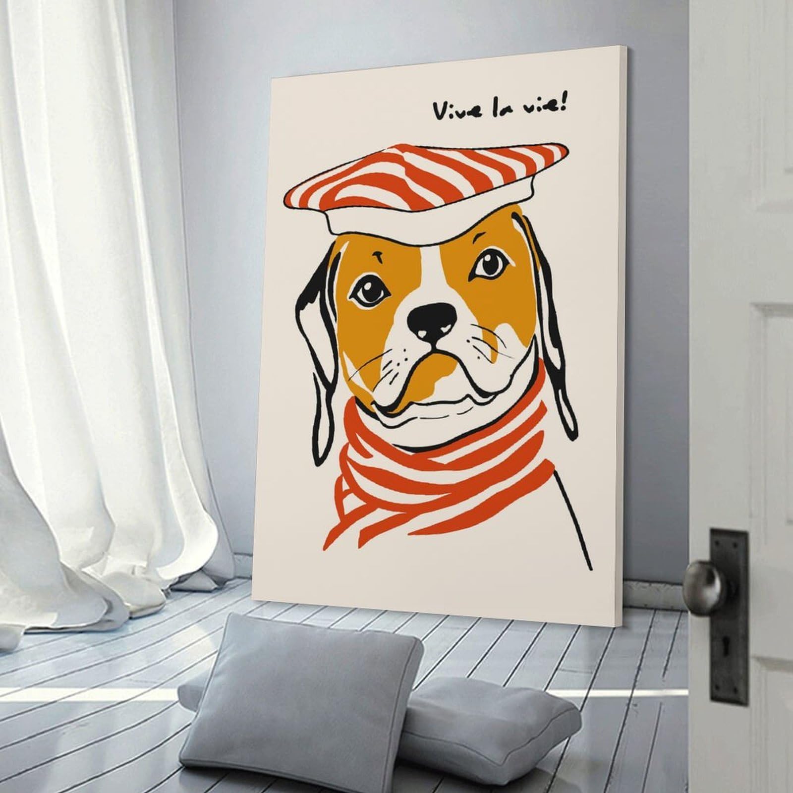 Junmoney Dog with Beret - Vive La Vie! Canvas Wall Decor 20x30inch(50x75cm), for Feature Walls in Flats Or Modern Rooms, Decorative Artwork with Flexible Styling