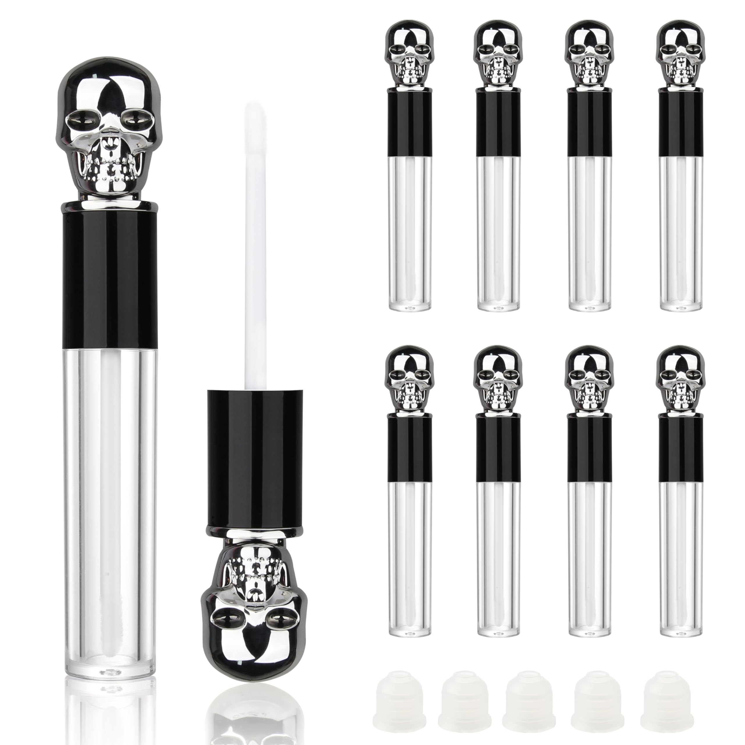 COSIDEA 8pcs Empty Round 5ml 0.17oz Silver skull lip gloss tubes with wand fancy Lipgloss tube containers for lip oil packing