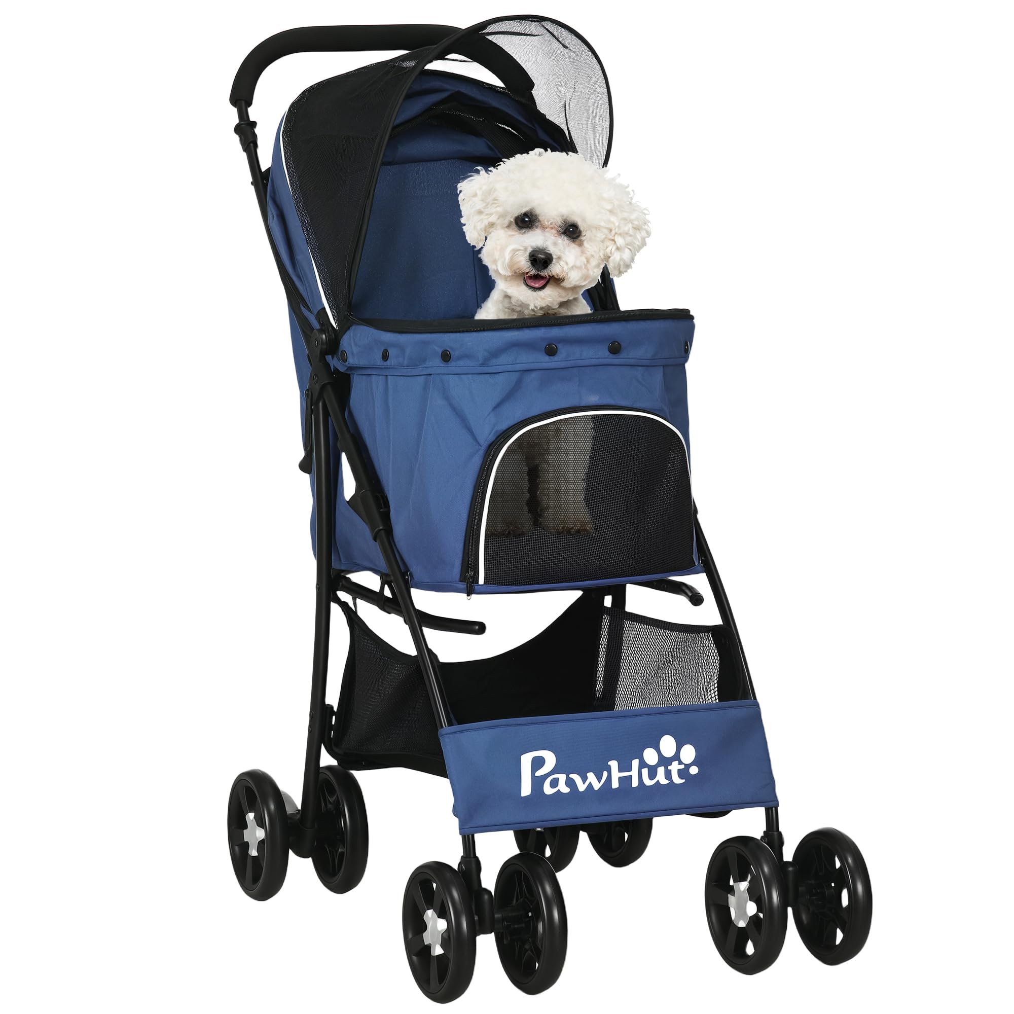 PawHut Carrito para Perros Plegable Cochecito para Mascotas Carrito para Perros Pequeños con Cesta Capota Ajustable Ventana de Malla y 2 Ruedas Universales Carga 15 kg 81x48x99 cm Azul Oscuro