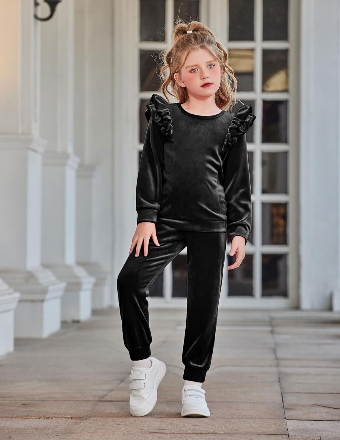 Arshiner Girls 2 Piece Outfits Velour Tracksuit Cute Clothes Sweatsuit Ruffle Pullover Sweatshirt Sweatpants Clothing Sets - Image 3