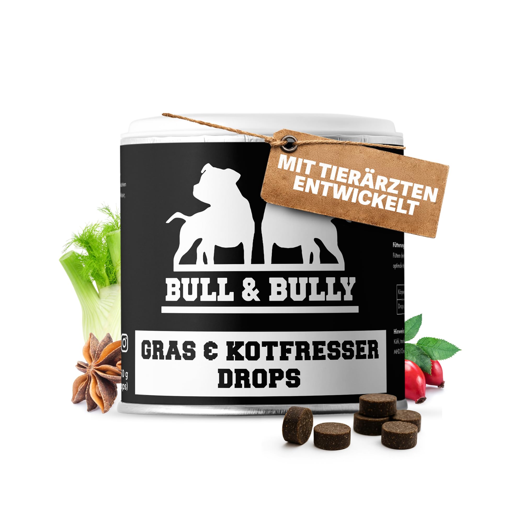 BULL & BULLY – Gras und Kotfresser Drops Hund 350 g (150 Drops) – Gesunde Hundeleckerli gegen Gras- & Kotfressen – Leckerlis Hund zur Unterstützung von Magen & Darm – Anti-Kotfresser Leckerli Hund