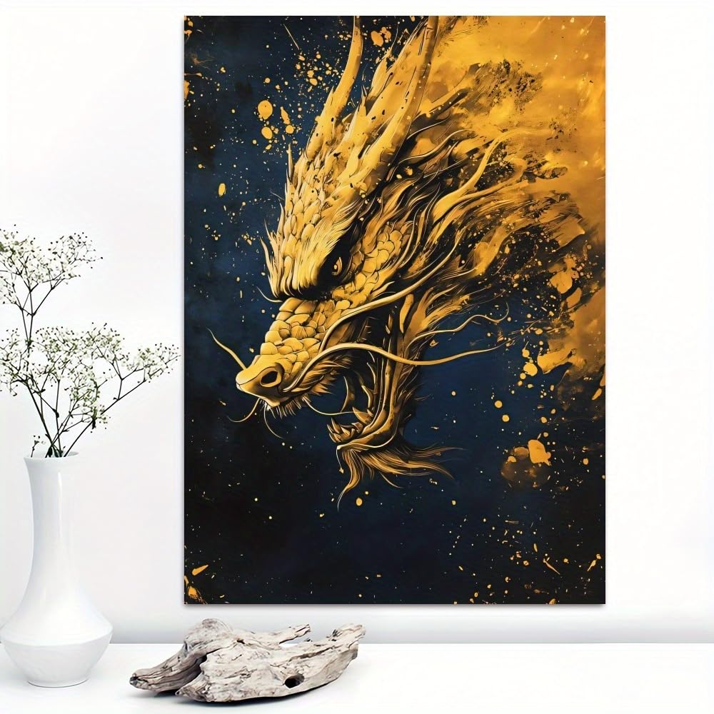 Cuadro de dragón de pared para transformar salones apagados con diseño azul y dorado