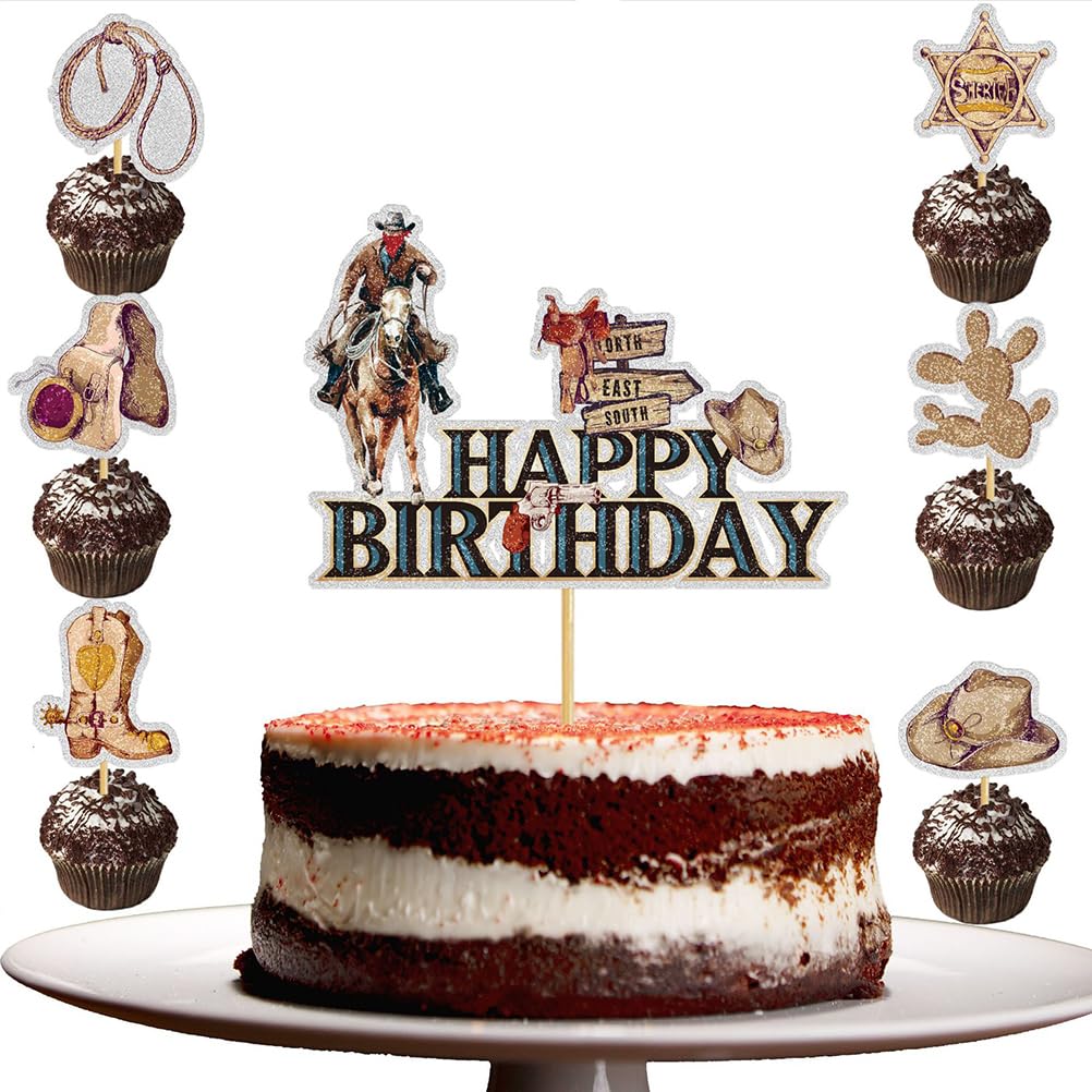 MiaLover Set di 19 decorazioni per torte a tema western cowboy, 1 grande cupcake e 18 topper per torte per bambini, ragazzi, ragazze, accessori per feste di compleanno