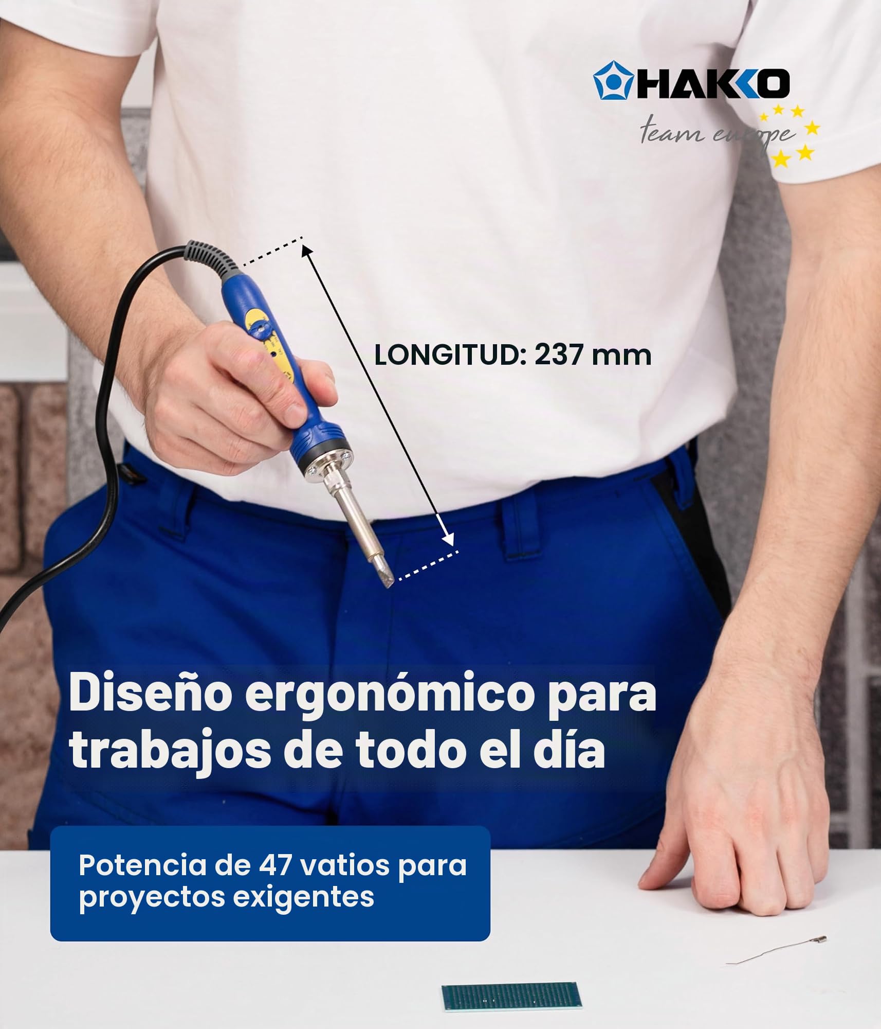 Hakko Soldador con cable azul (237 mm) - Control de temperatura ajustable 200-500 °C, soldador de precisión - Diseño ergonómico - Perfecto para soldadura Tiffany - Diseñado en Japón