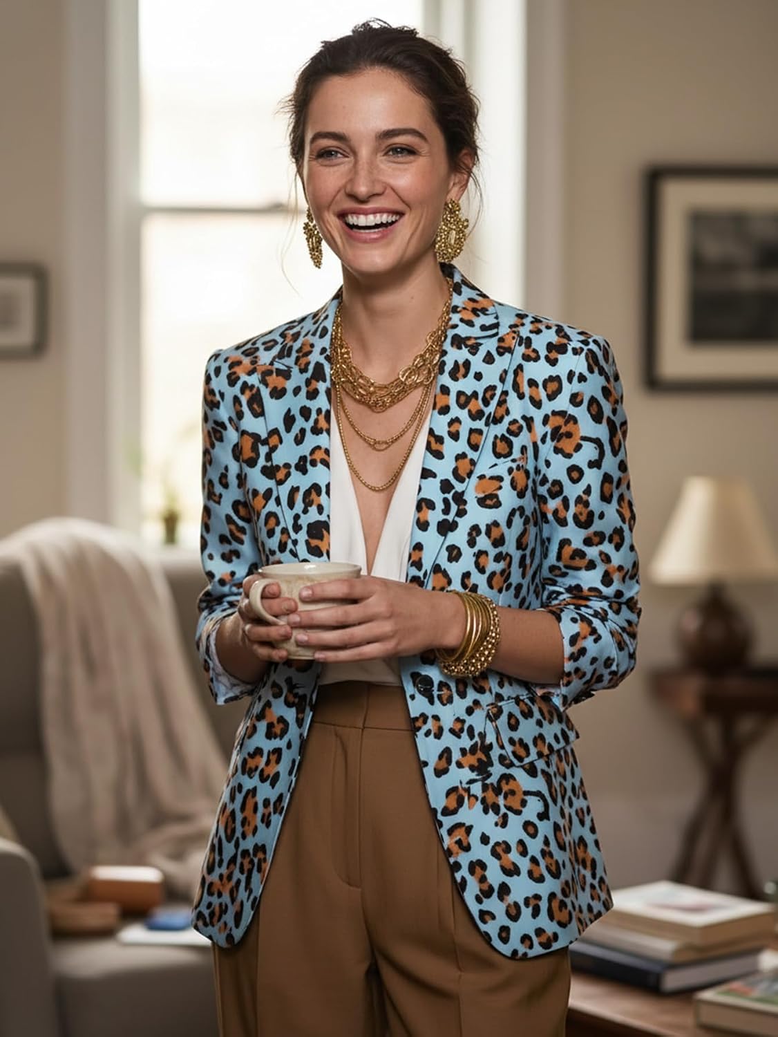 Leopard Print Blazer Women Long Sleeve Padded Shoulder Open Front Business Casual Suit Jacket for Work