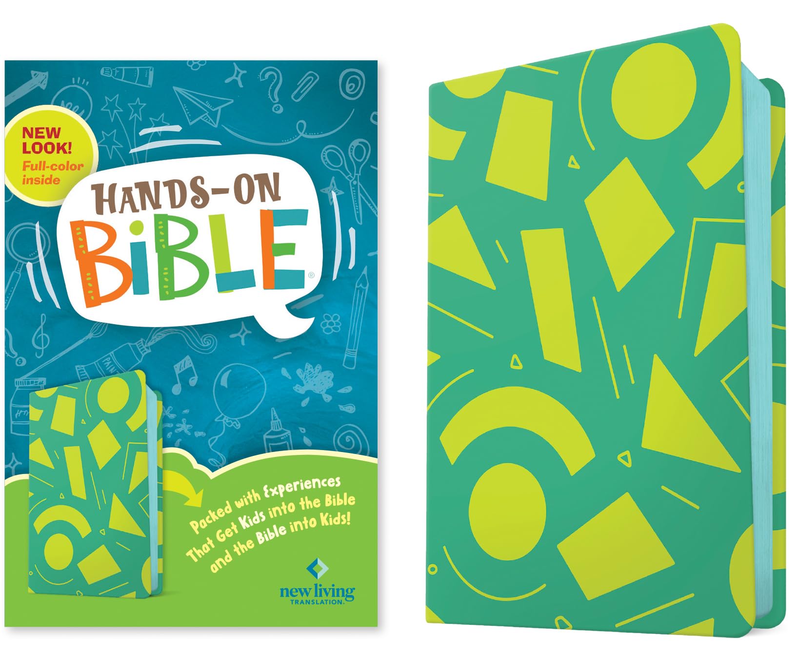 NLT Hands-On Bible for Kids, 3rd Edition (Green Lines and Shapes LeatherLike): Full-Color, Family Activities, Amazing Facts, Charts, and Maps