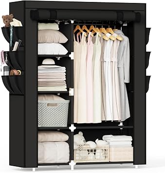 Mavivegue Fabric Wardrobe, 45 x 107 x 161 cm Portable Wardrobe, | Foldable Closets with 6 Side Pockets, Black Closet for Bedroom,Living Room & Dorm