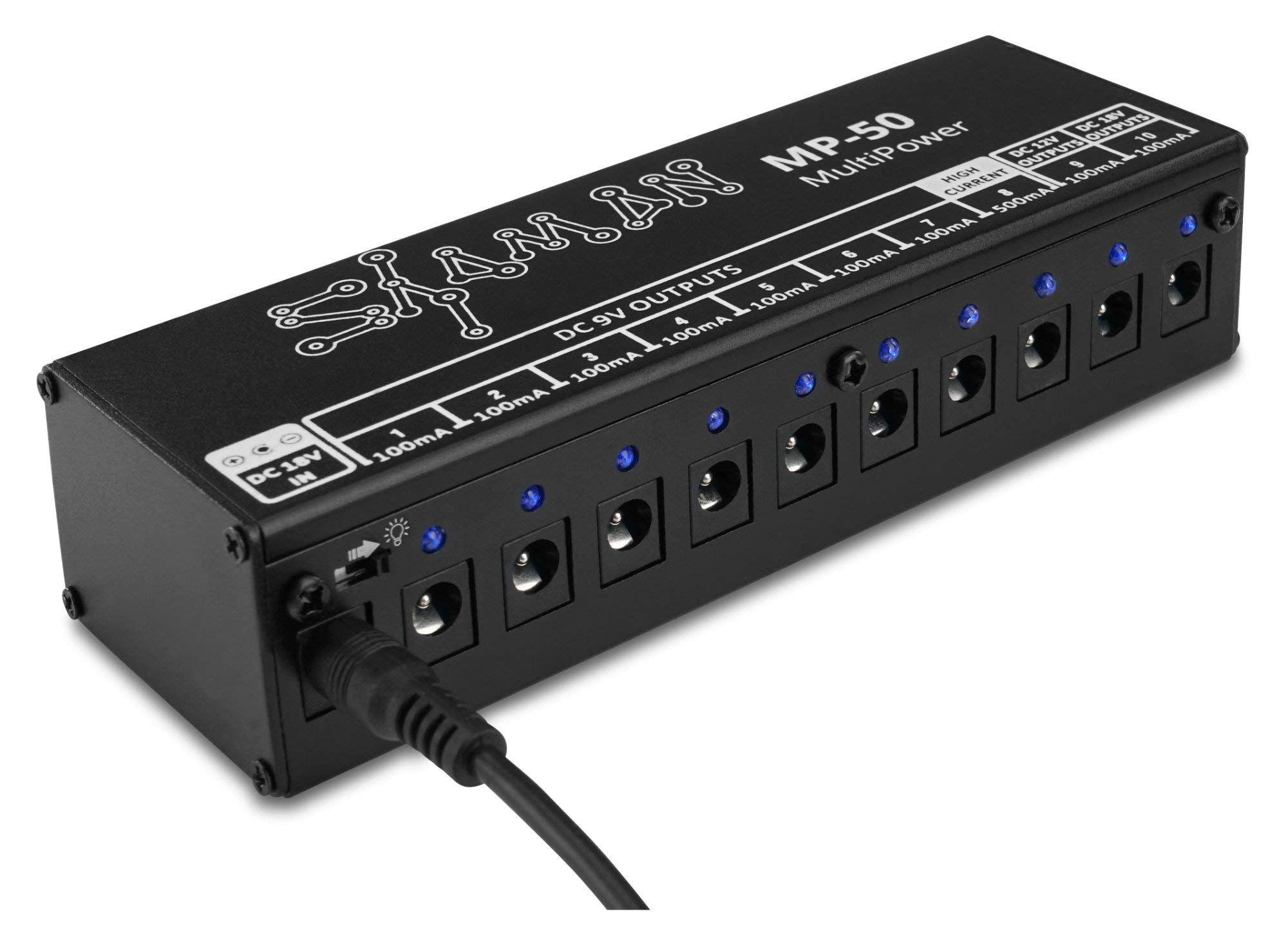 Shaman MP-50 Multipower Guitar Pedal Power Supply - Effect Pedal Board 10 Isolated DC Output 9V/12V/18V - incl. Jack Adapter & Reverse Cable