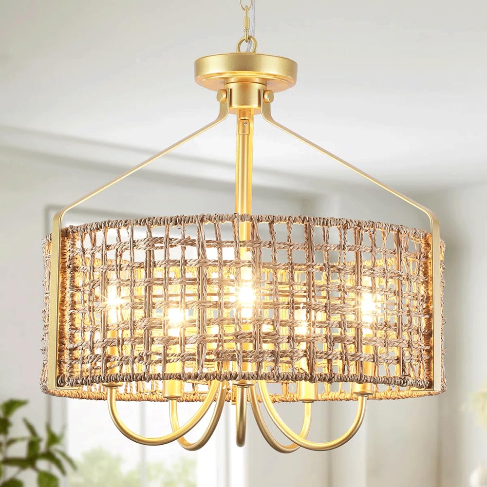 LYMSXAZOU Gold Metal Basket Pendant Light Fixtures Hollow Rattan Chandelier Middle Century Dinning Room Decoration Hanging Lamp Boho Farmhouse Ceiling Fixture for Kitchen Hallway Bedroom