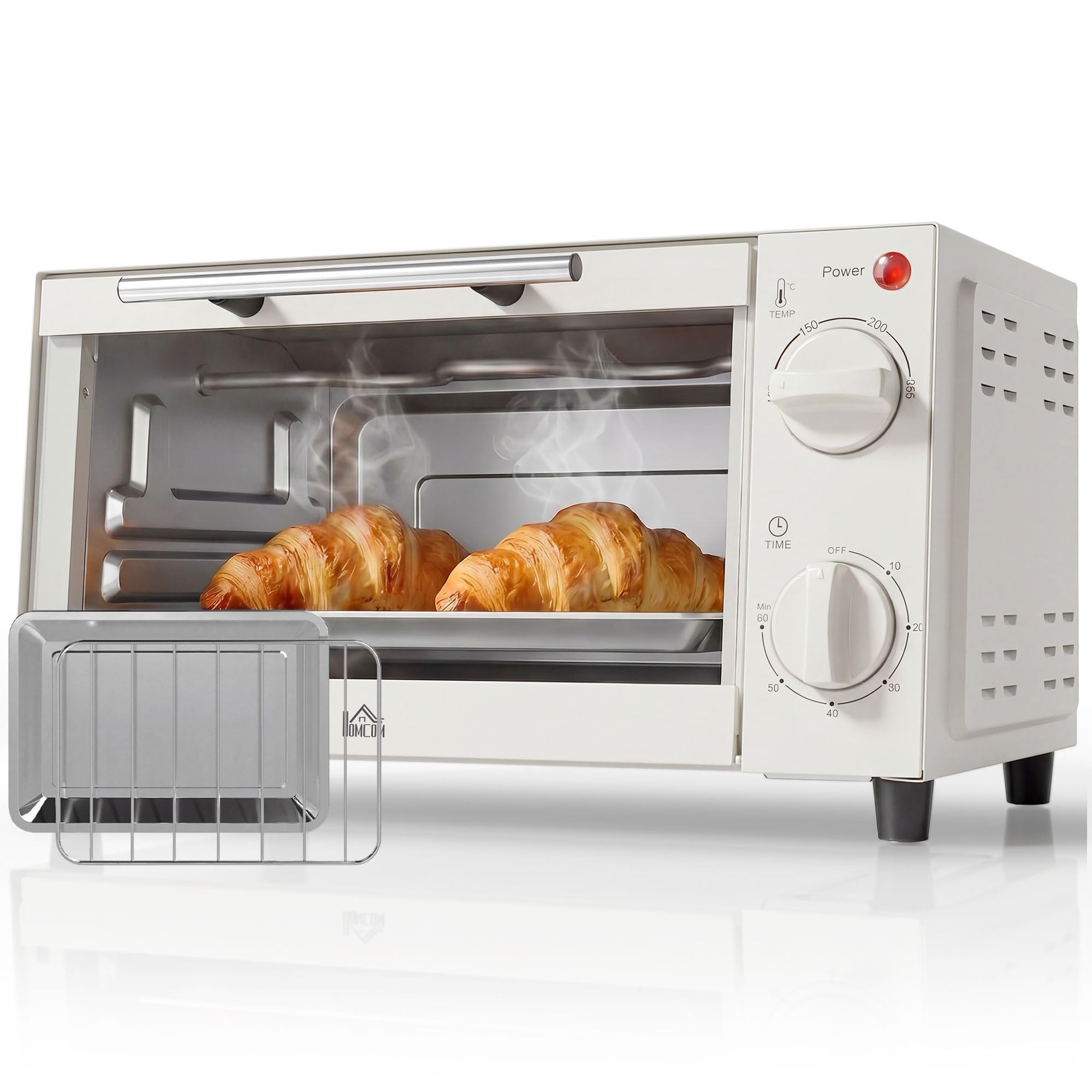 HOMCOM Mini-four 9L Mini four avec plaque de cuisson, grille, 100 °C-230 °C, avec température et durée de cuisson réglables, minuterie 60 min, 750W, acier inoxydable, blanc crème