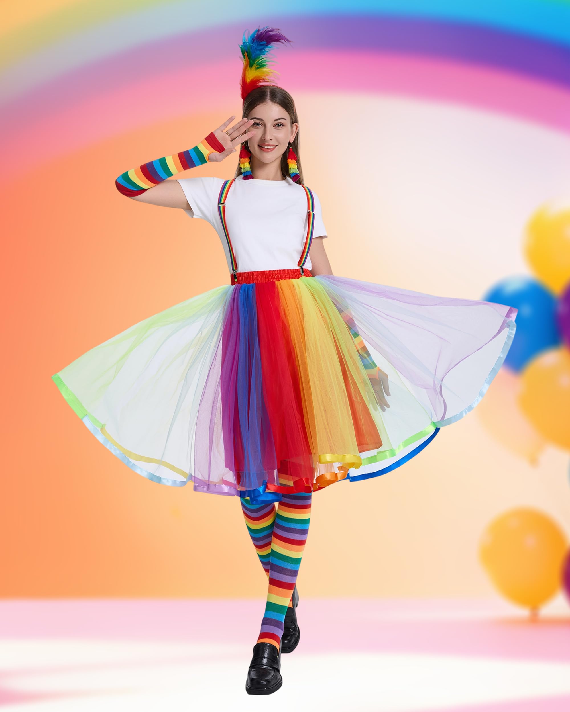 Tęczowy kostium damski, kolorowa spódnica tiulowa, tęczowa spódnica, kostium karnawałowy, akcesoria do kostiumu w stylu retro z neonowym tutu, opaska na włosy, kolczyki, strój damski z lat 80., na
