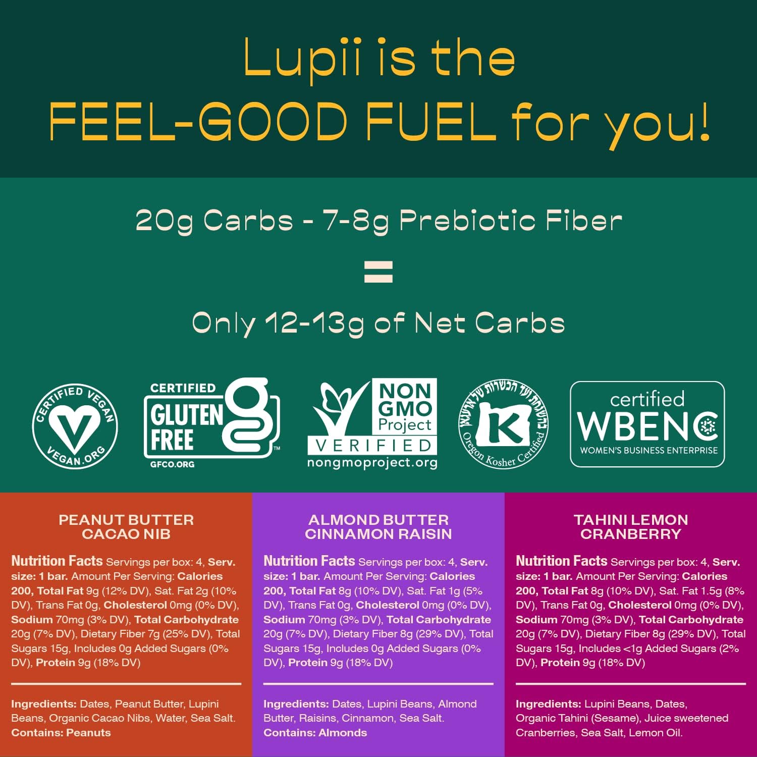 Lupini Bean Plant Based Protein Bar 3-Flavor Variety Pack of 12 - Whole Food Gluten Free Vegan Protein Bars in Peanut Butter Cacao Nib, Almond Butter Cinnamon Raisin & Tahini Lemon Cranberry