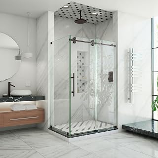 Enigma-XO 32 1/2 in. D x 44 3/8-48 3/8 in. W x 76 in. H Frameless Shower Enclosure in Oil Rubbed Bronze Stainless Steel, Shen-6132482-06