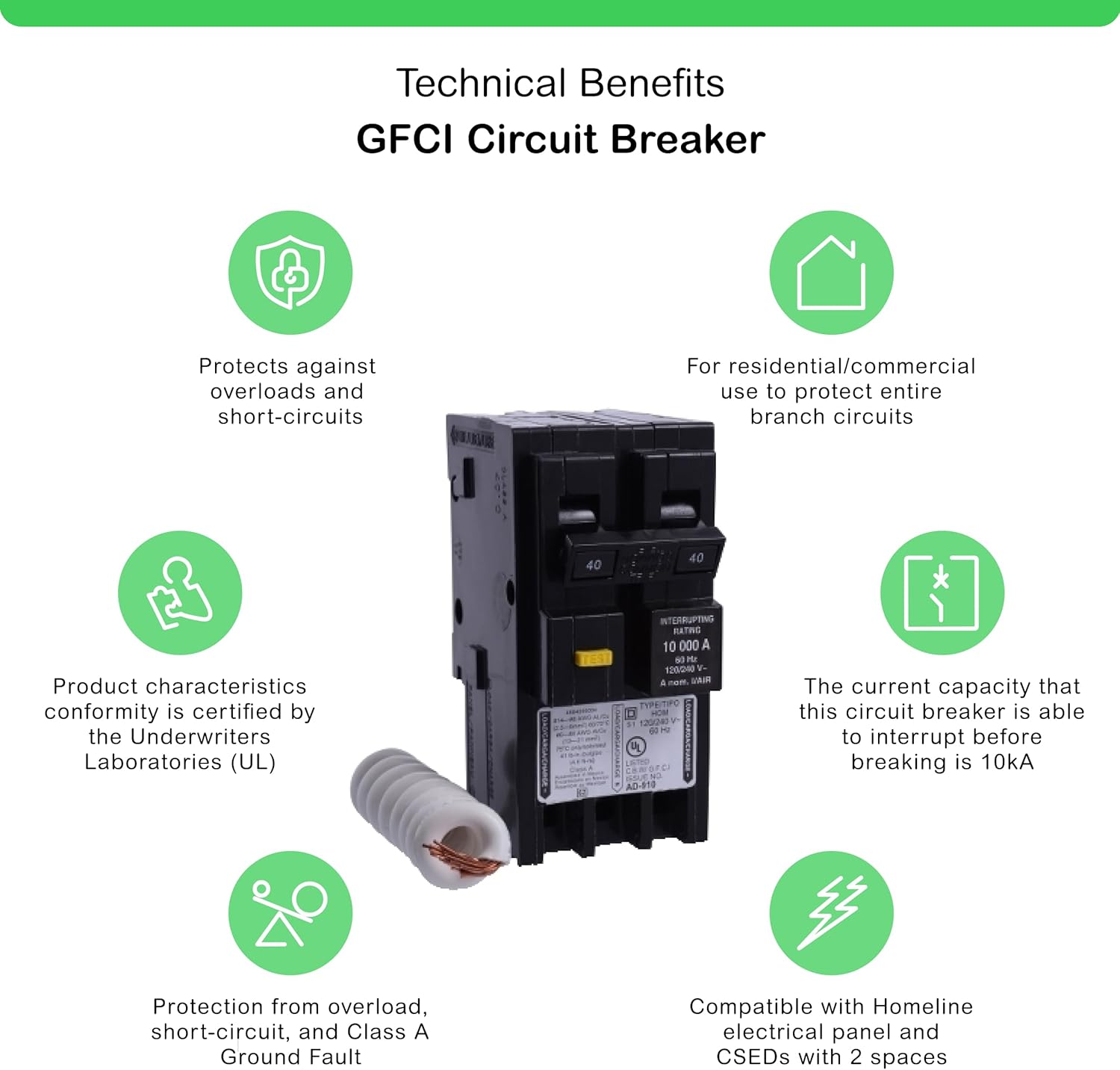 Square D by Schneider Electric Homeline 40 Amp Mini Circuit Breaker, 2 Pole, 120/240V AC, 10kA Breaking Capacity, Plug in Mount, GFCI Class A, Residential Use (‎HOM240GFIC)