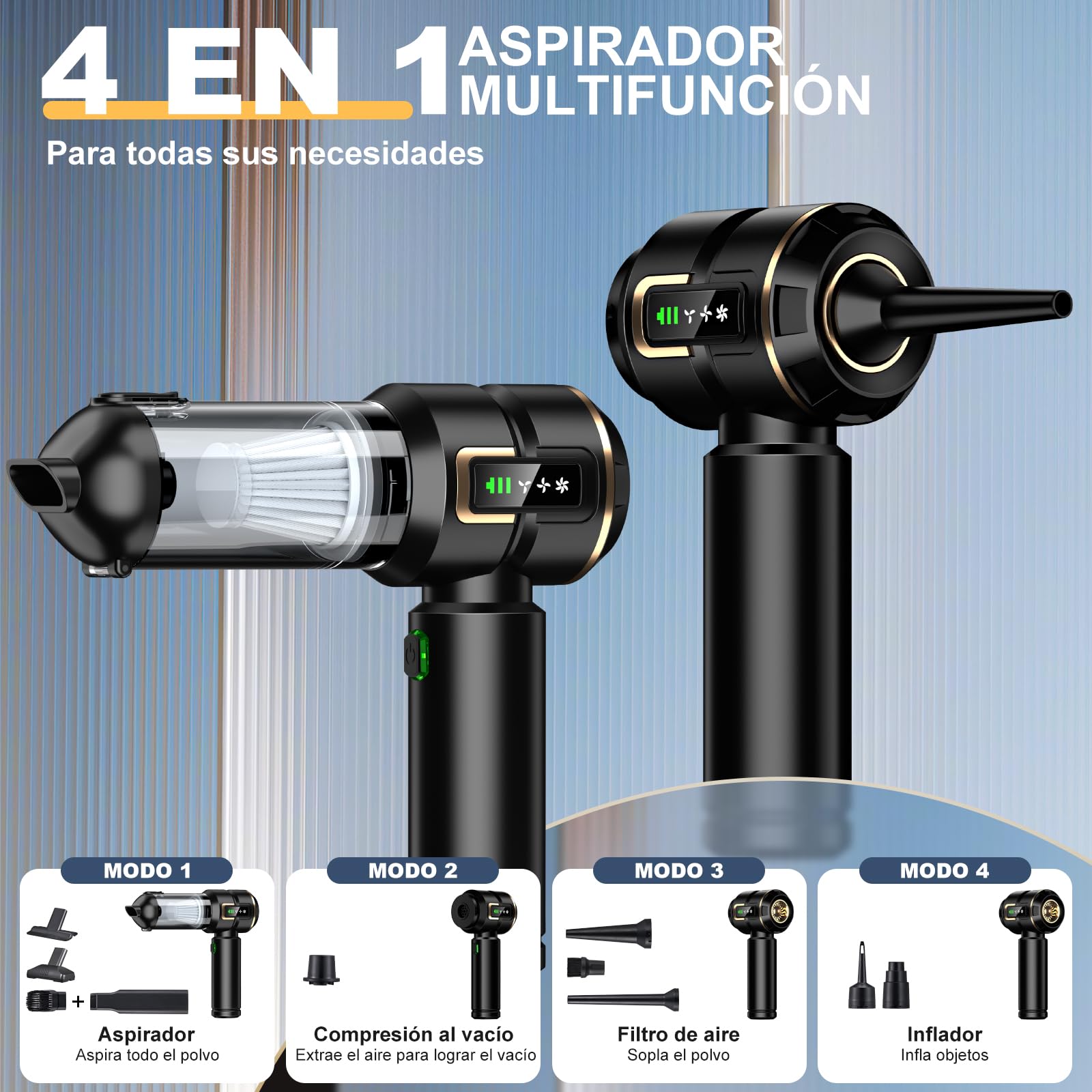 Aspiradora de mano con batería 4 en 1 con pantalla LCD, aspiradora para coche Stark 28000 PA inalámbrico, 3 niveles de 240.000 rpm, mini aspiradora con pantalla para coche, cocina, PC, sofá