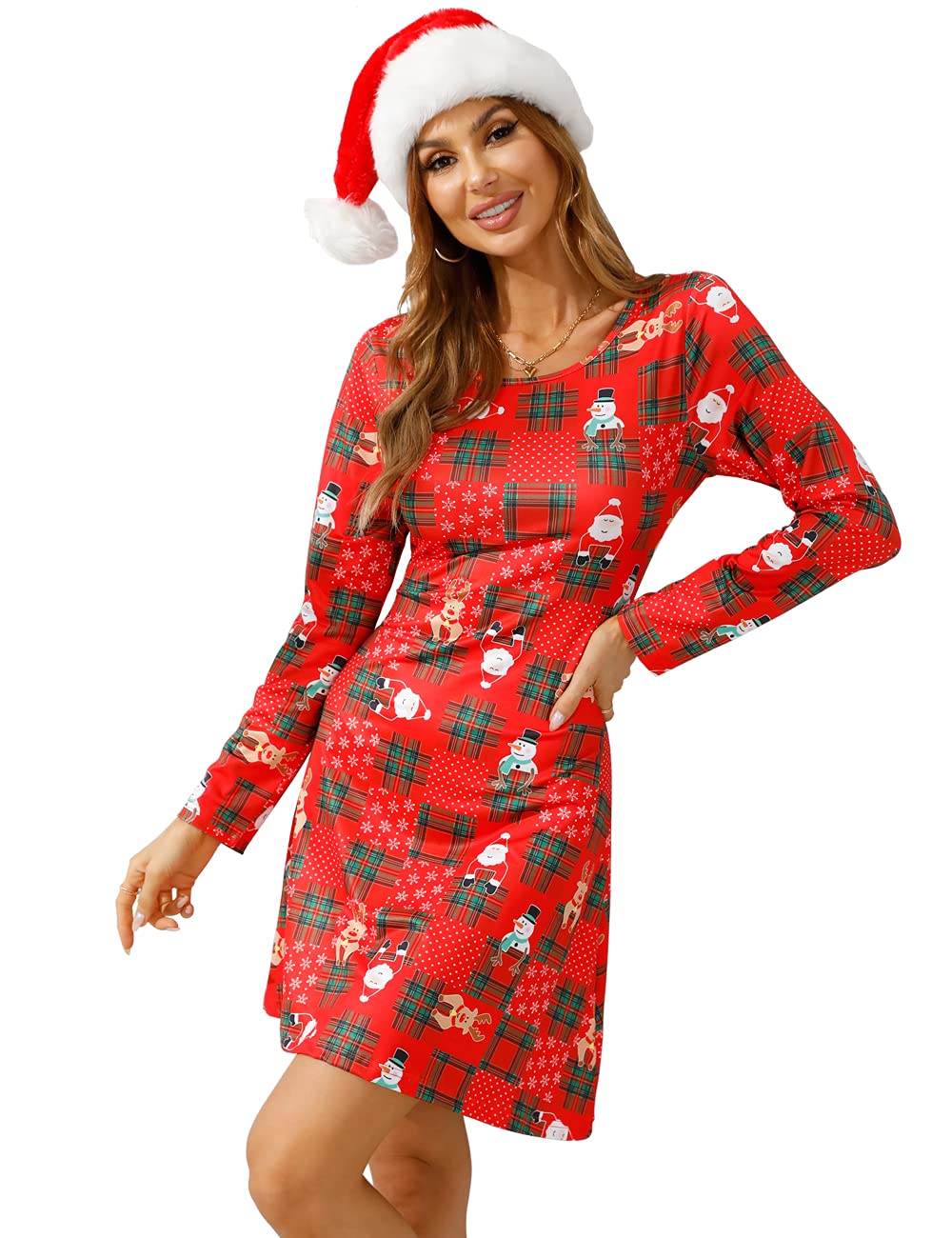 Womens Christmas Dresses Long Sleeve Casual Cocktail Party A Line Xmas Midi Party Holiday Swing Dress